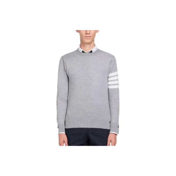 Thom Browne Thom Browne Gray Wool Sweater with Stripe Detail Size US M / EU 48-50 / 2 - 1 Thumbnail