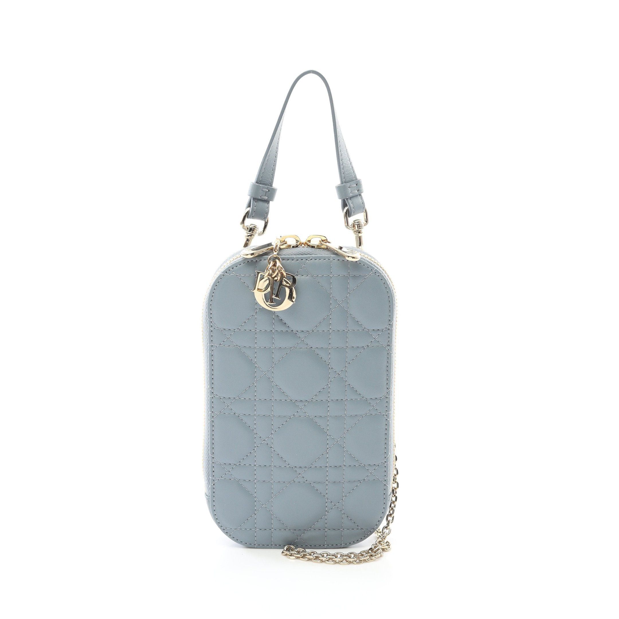 Dior Lady Dior Phone Holder Canage Handbag Leather Light Blue