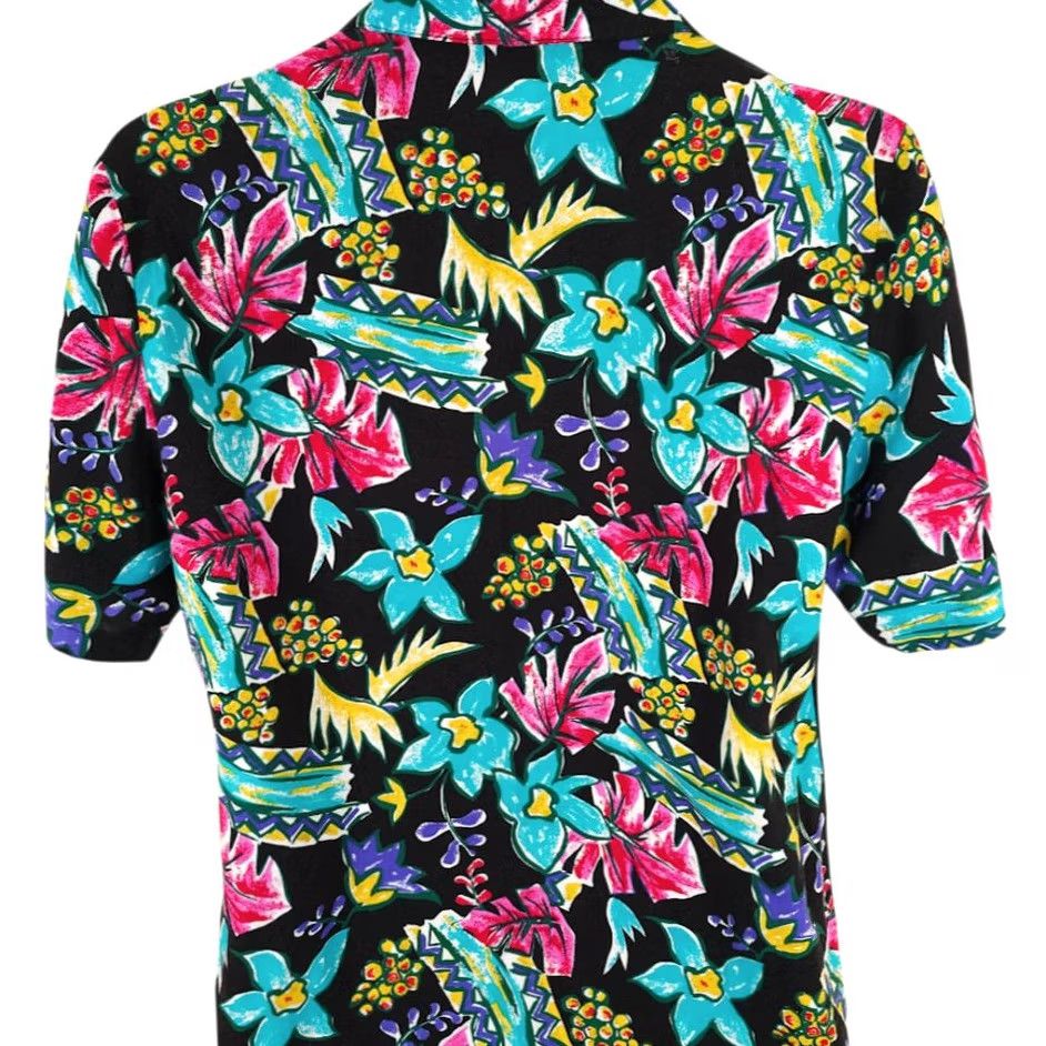 Vintage VINTAGE Notations Floral Hawaiian Shirt Womens Medium Black 90s Button-Up Short Sleeve | Rayon | Casual Beachwear Mens? Womens Size M / US 6-8 / IT 42-44 - 4 Thumbnail