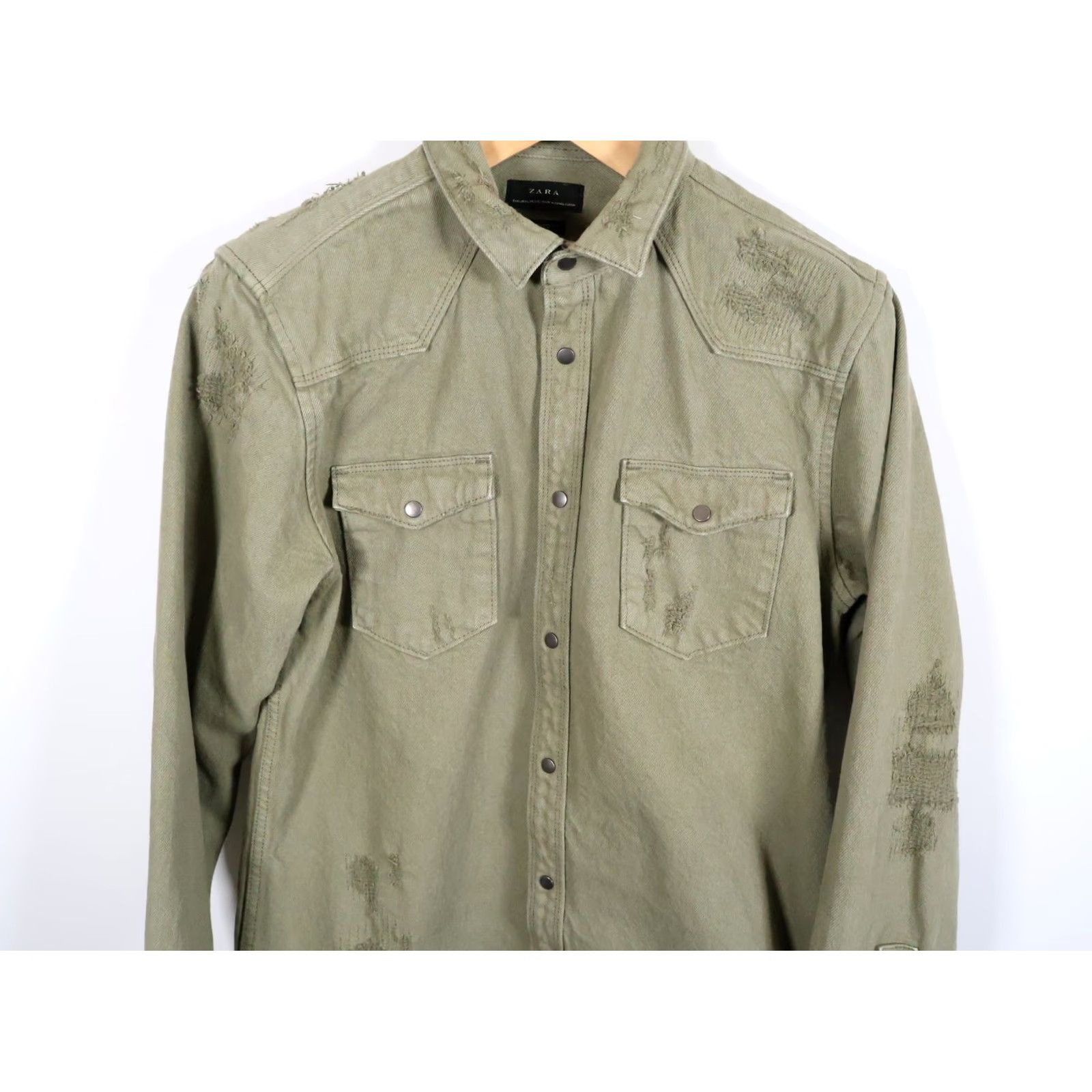 Zara Zara Distressed Denim Shirt Men Large Green Heavyweight Snap Button Western Button-Up Size US L / EU 52-54 / 3 - 4 Thumbnail