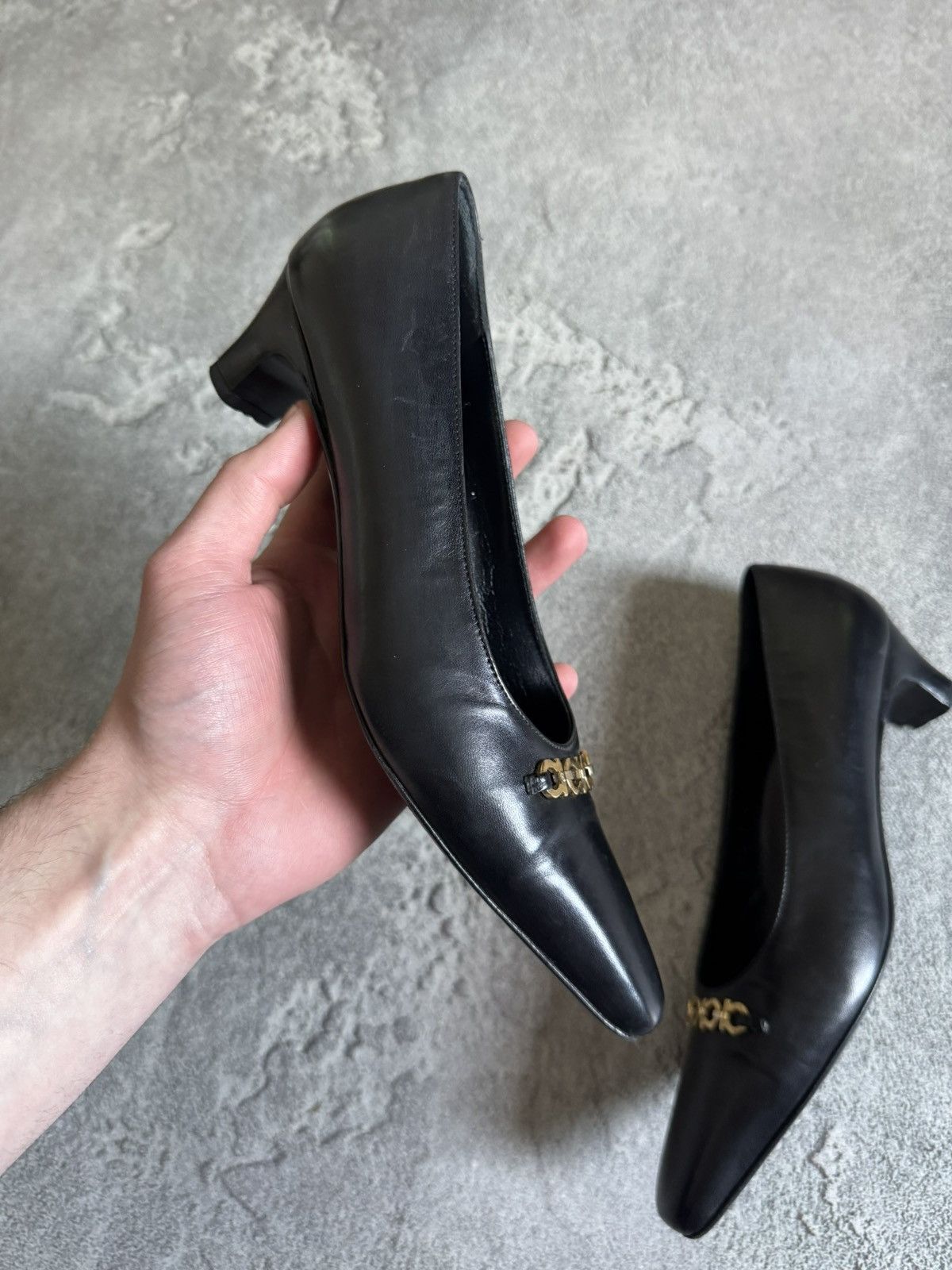 Salvatore Ferragamo Salvatore Ferragamo black leather short heels 👠 gold detail Size US 6 / IT 36 - 5 Thumbnail