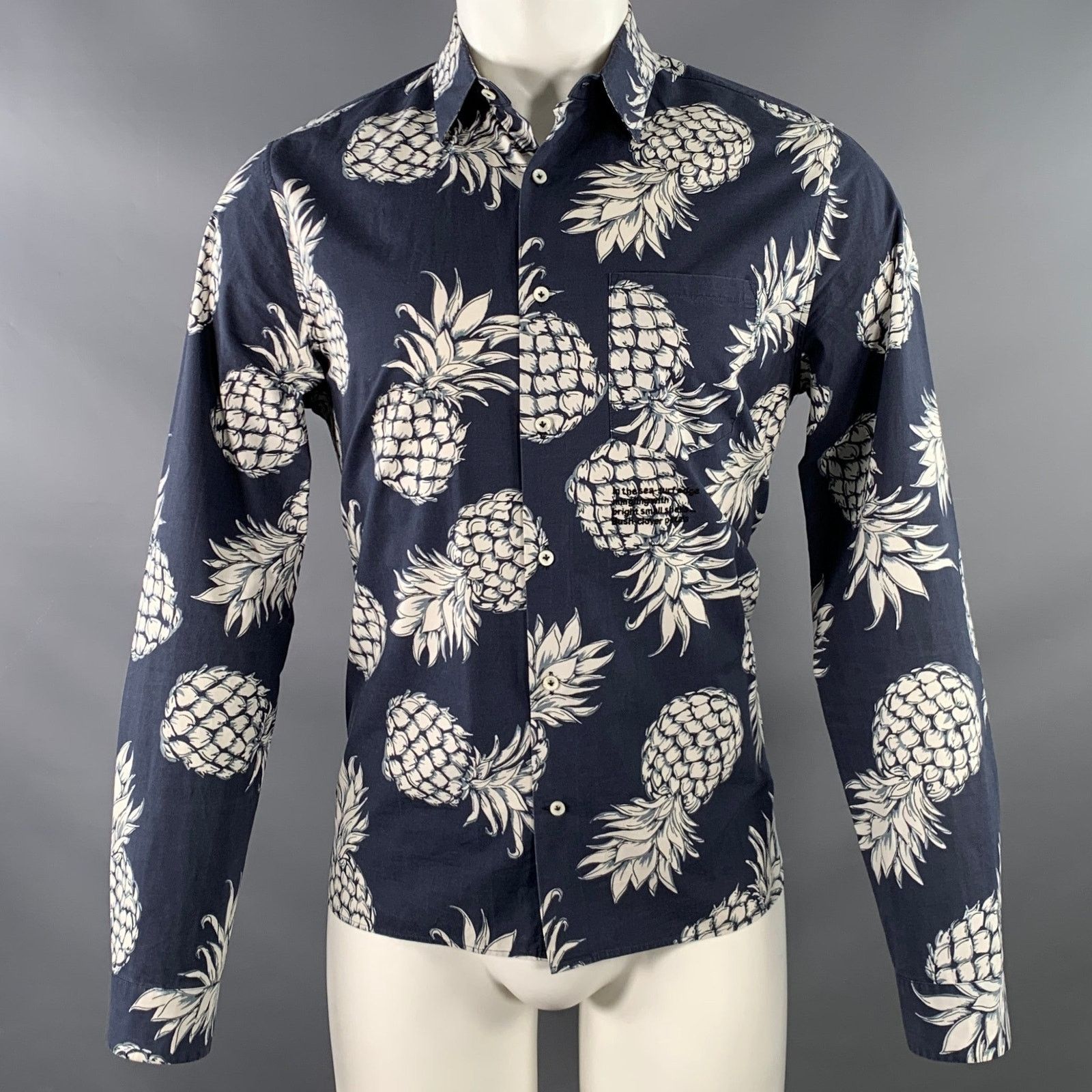 Valentino Navy White Pineapple Print Cotton Button Up Long Sleeve Size US M / EU 48-50 / 2 - 1 Thumbnail