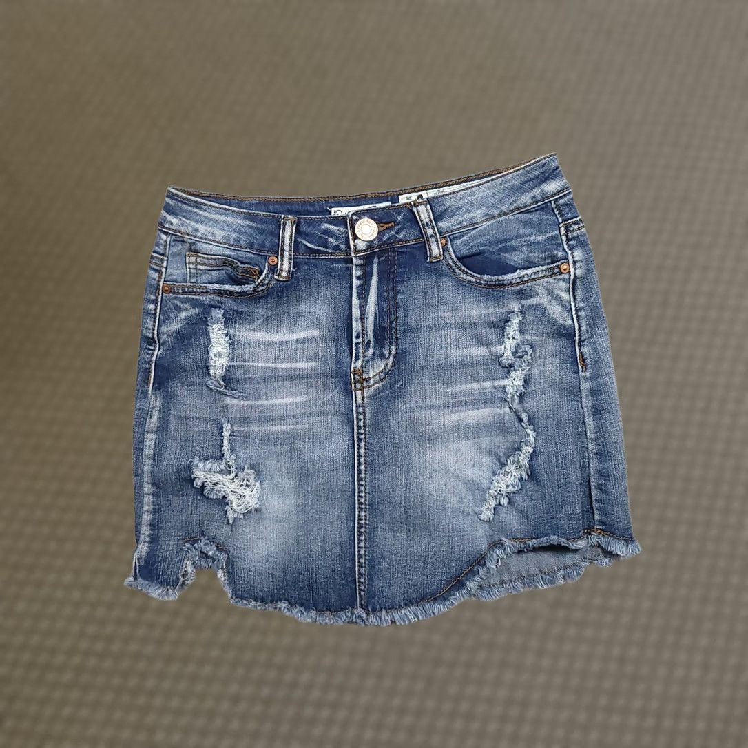 Denime Indigo Rein Denim Skirt Women's 3 Distressed Medium Stretch Mini Short 26" W Size 26" / US 2 / IT 38 - 1 Thumbnail