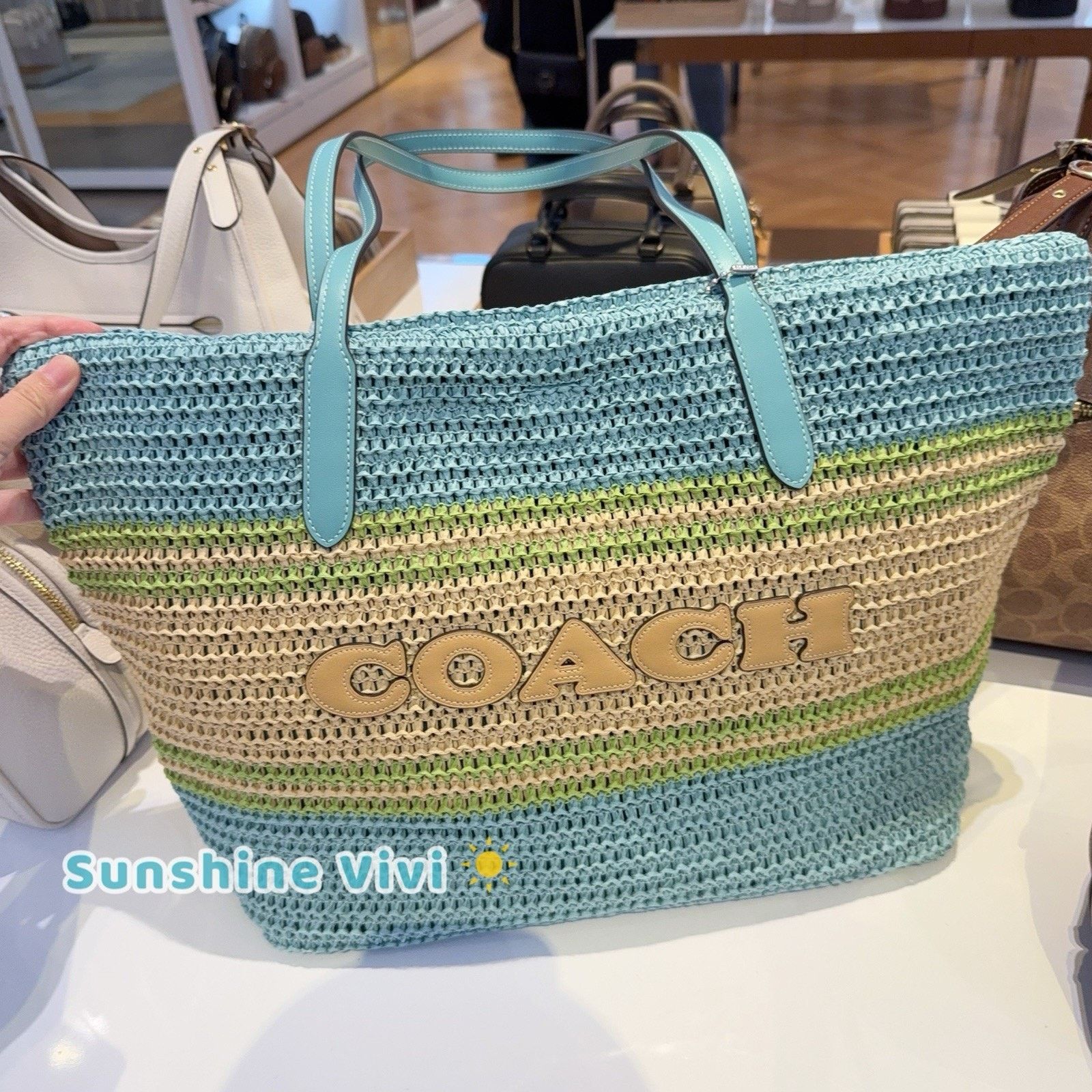 NWT Coach Straw Leather City Tote Bag Cbg87 Light Turquoise in Green, Women's
