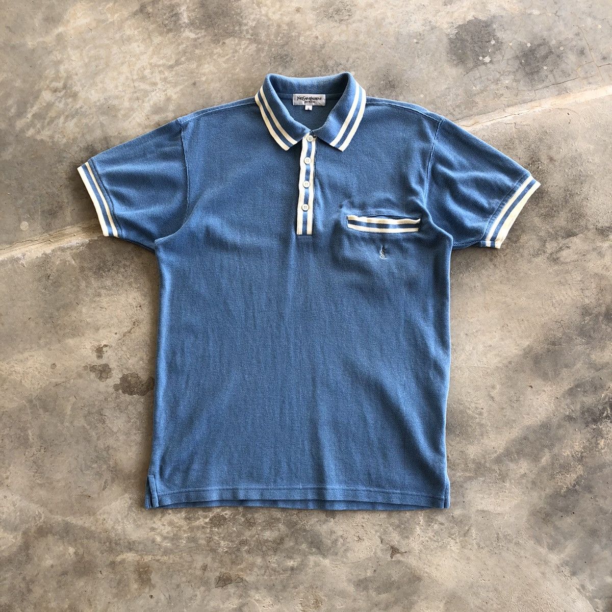 image of YSL YVES Saint Laurent Single Pocket Polo Shirt in Blue, Men's (Size Small)