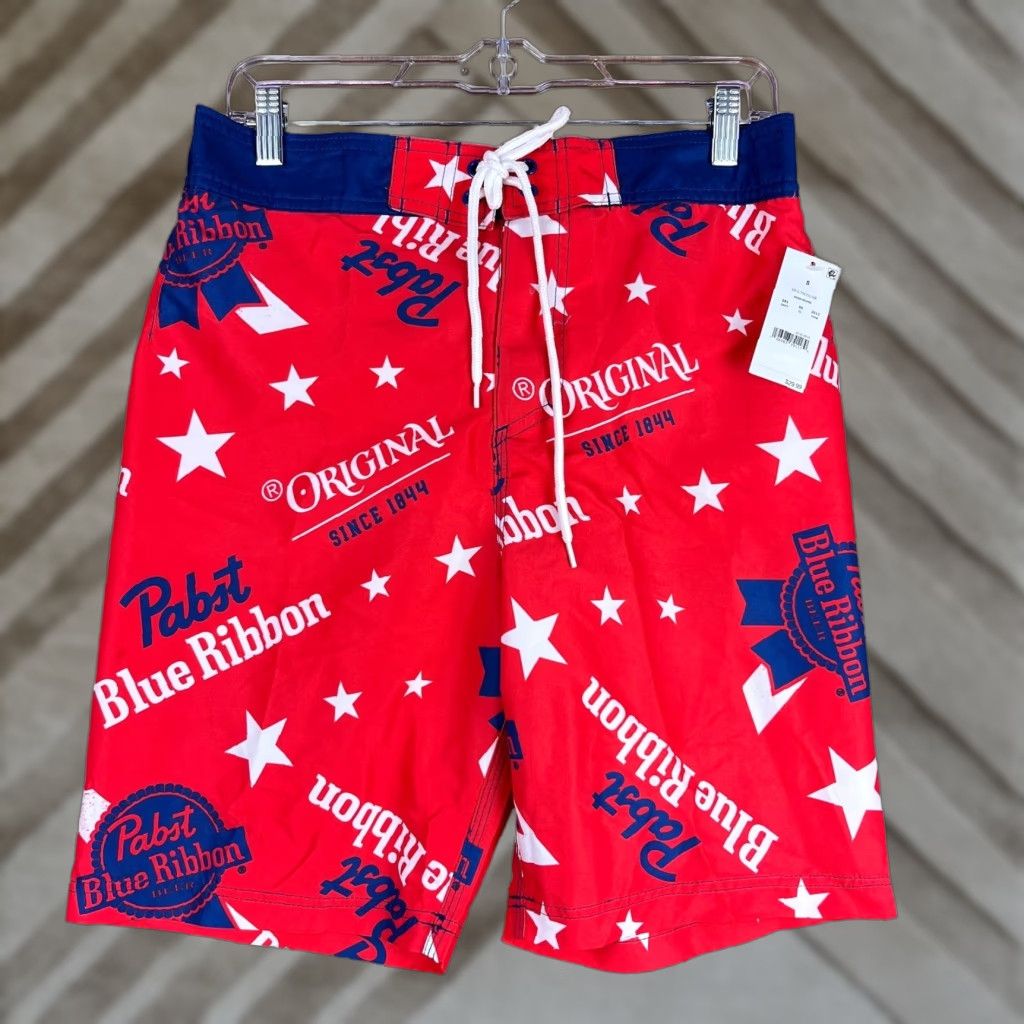 Vintage Pabst Blue Ribbon Mens Shorts Red White Blue Star Swim Surf Beach Trunks Small Size US 29 - 1 Thumbnail