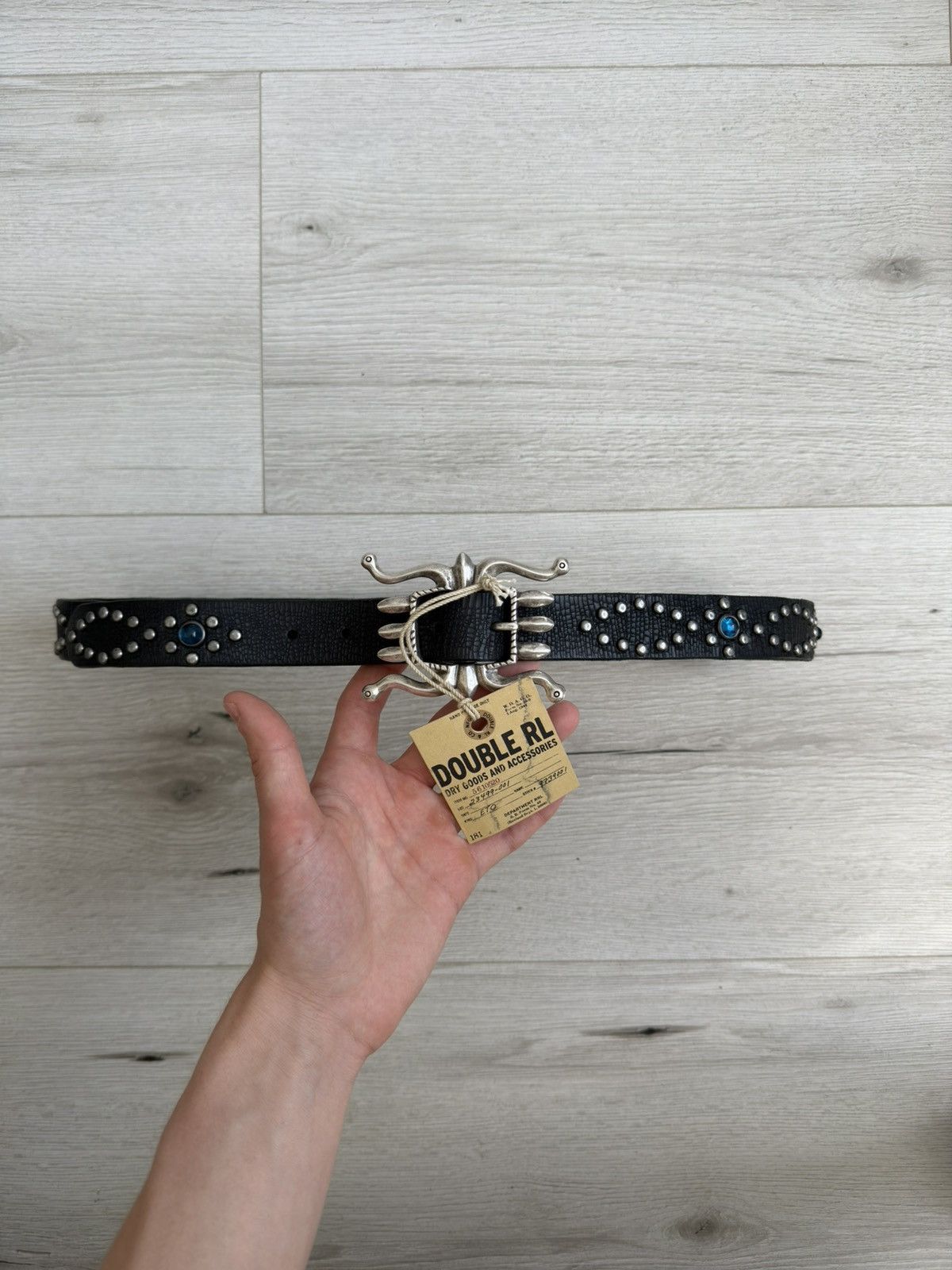 RRL Studded Rhinestone Leather Belt Western Buckle Black