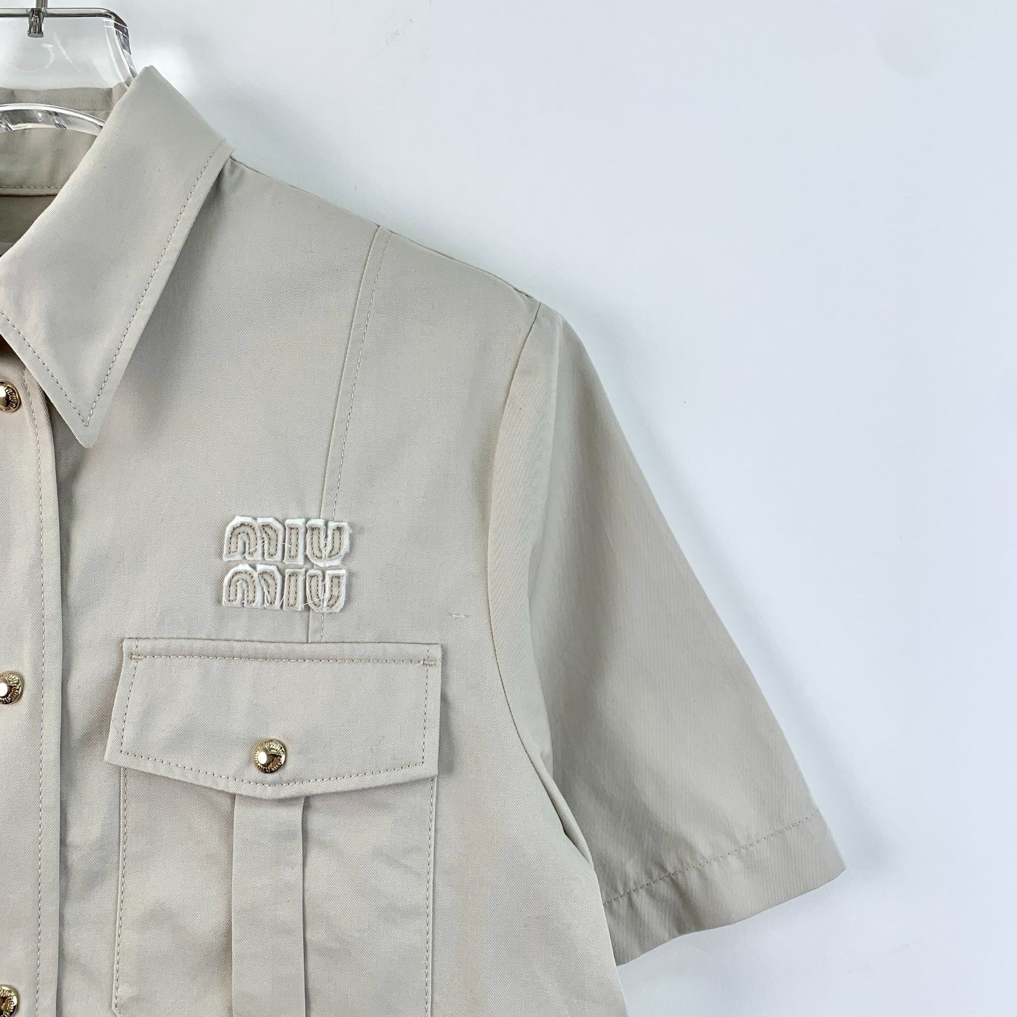 Miu Miu Miu Miu Beige Cotton Logo Utility Button-Up Shirt (Size M) Size S / US 4 / IT 40 - 7 Thumbnail