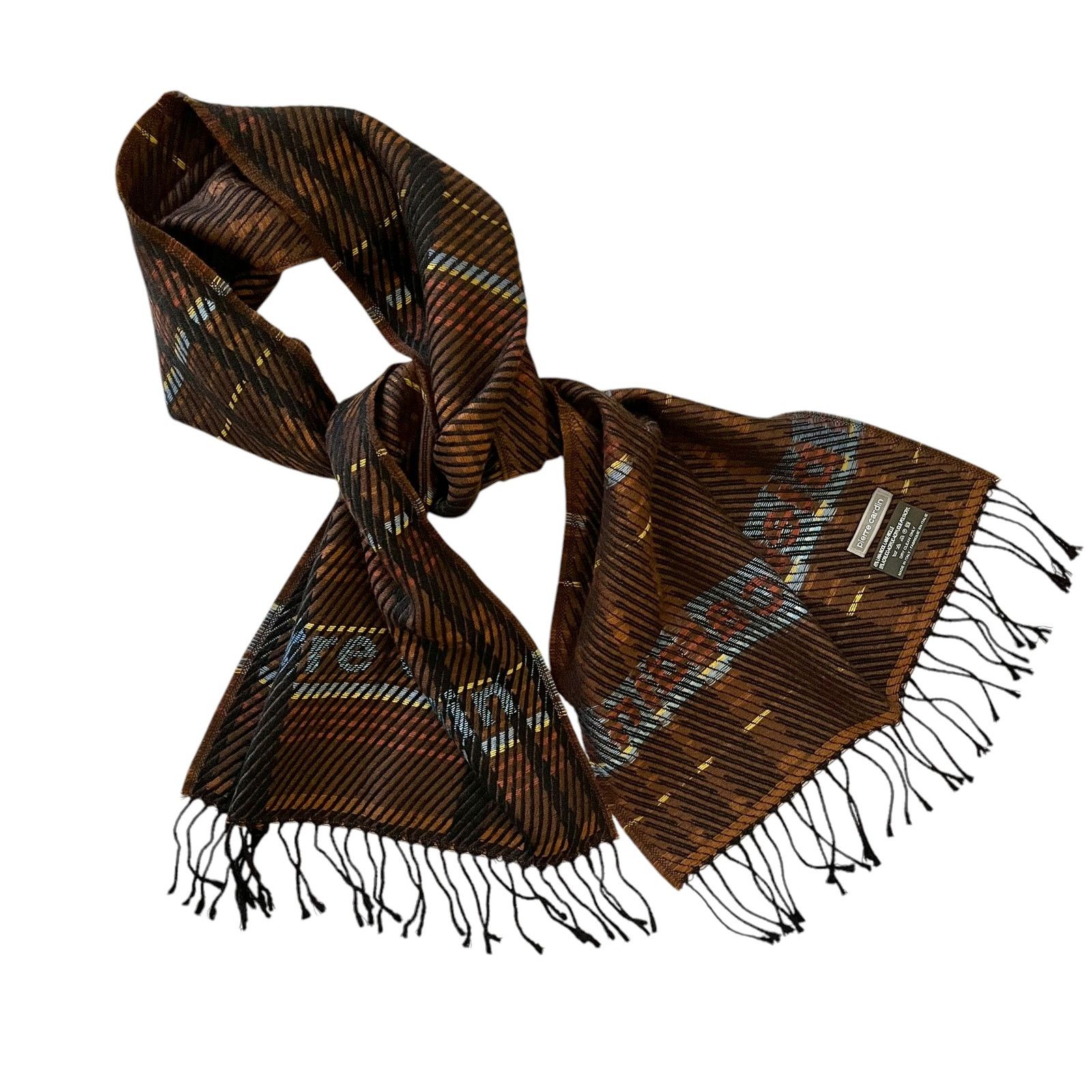 Pierre Cardin × Vintage Pierre Cardin Jacquard Brown Plaid Wool-Blend Fringe Scarf Size ONE SIZE - 6 Thumbnail
