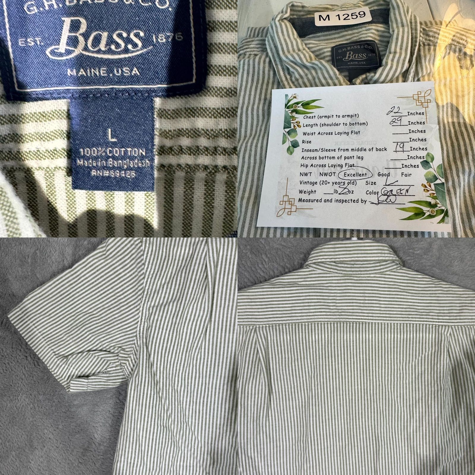 Vintage G.H. Bass & Co Shirt Men’s Large Green Striped Short Sleeve Button-Down Cotton Size US L / EU 52-54 / 3 - 8 Thumbnail