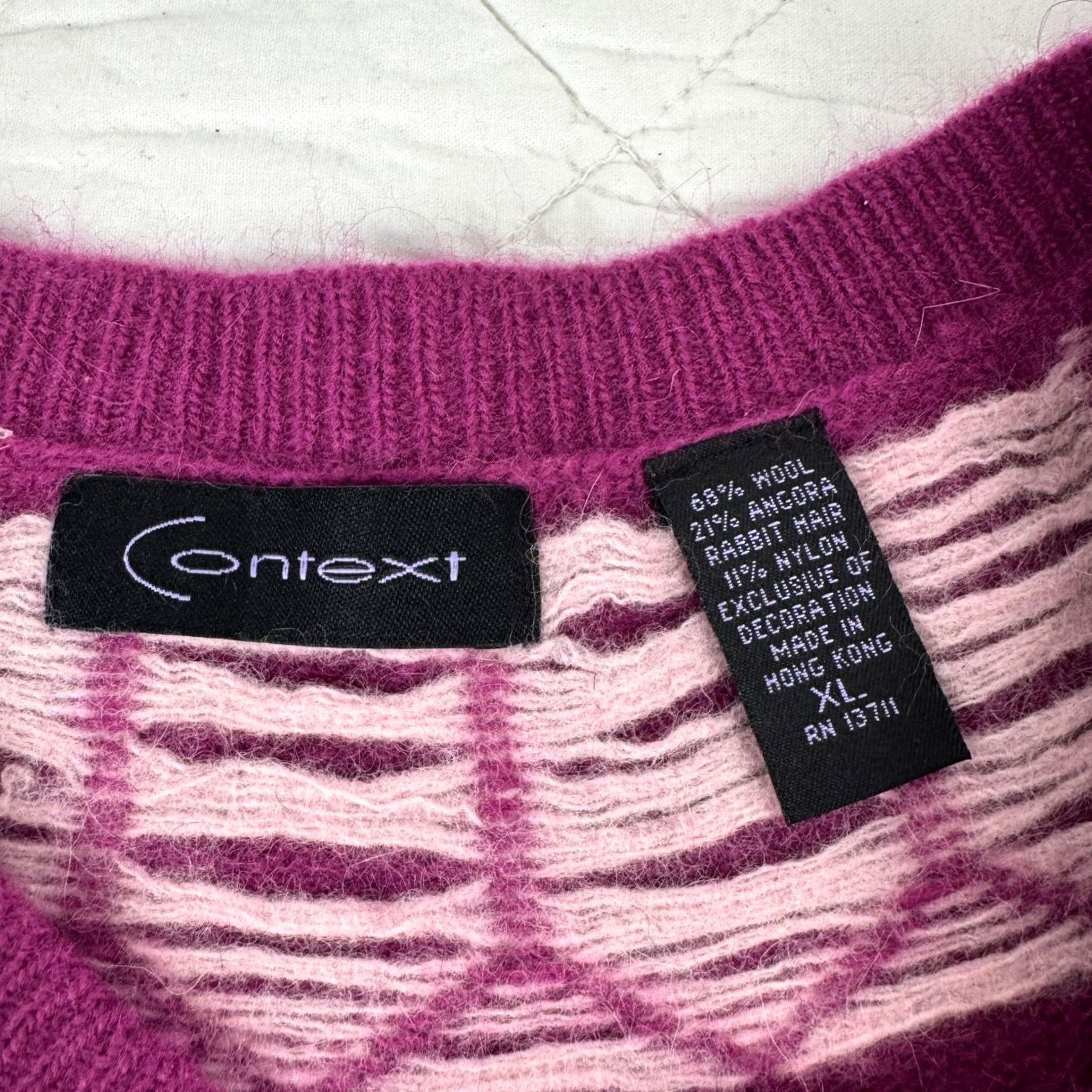 Vintage CONTEXT Sweater Womens XL Gray VTG Wool Angora Blend Fair Isle Sequin Magenta Charcoal Size XL / US 12-14 / IT 48-50 - 3 Thumbnail