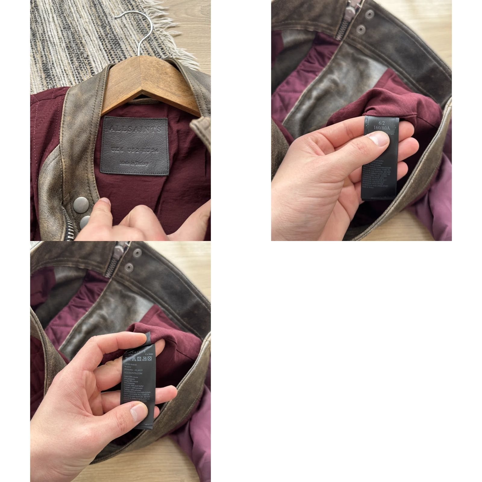 Allsaints VINTAGE AllSaints Womens Cross Biker Quilted Satin Moto Burgundy Jacket XS Size XS / US 0-2 / IT 36-38 - 8 Thumbnail