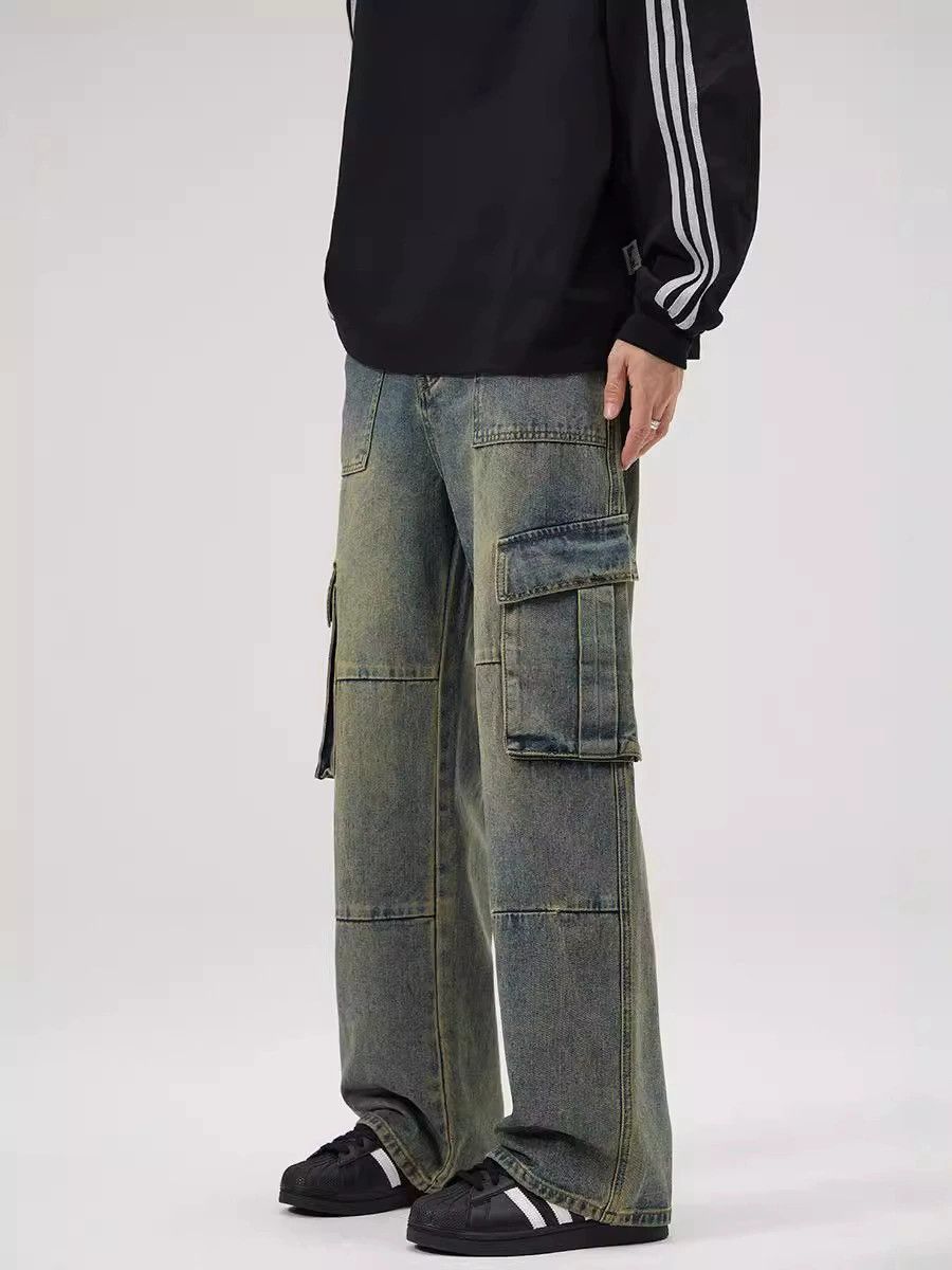 Vintage Retro washed multi-pocket men's straight loose work jeans Size US 32 / EU 48 - 3 Thumbnail