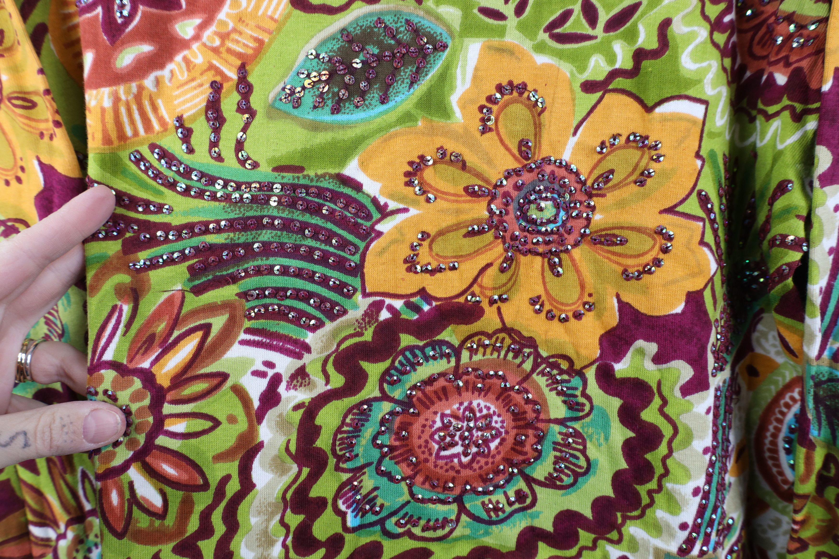 Vintage Vintage 90s Y2K Streetwear Abstract Sequin Flower T-Shirt Size L / US 10 / IT 46 - 4 Thumbnail