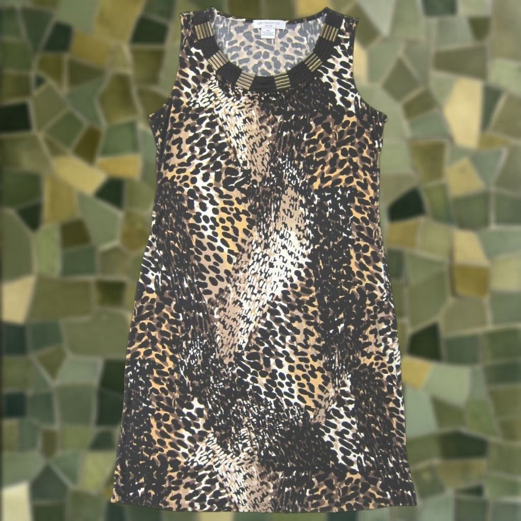 Liz Claiborne Leopard Stretch Sleeveless Tunic Sheath Dress Women PS Black  Brown Leopard Pattern Animal Print