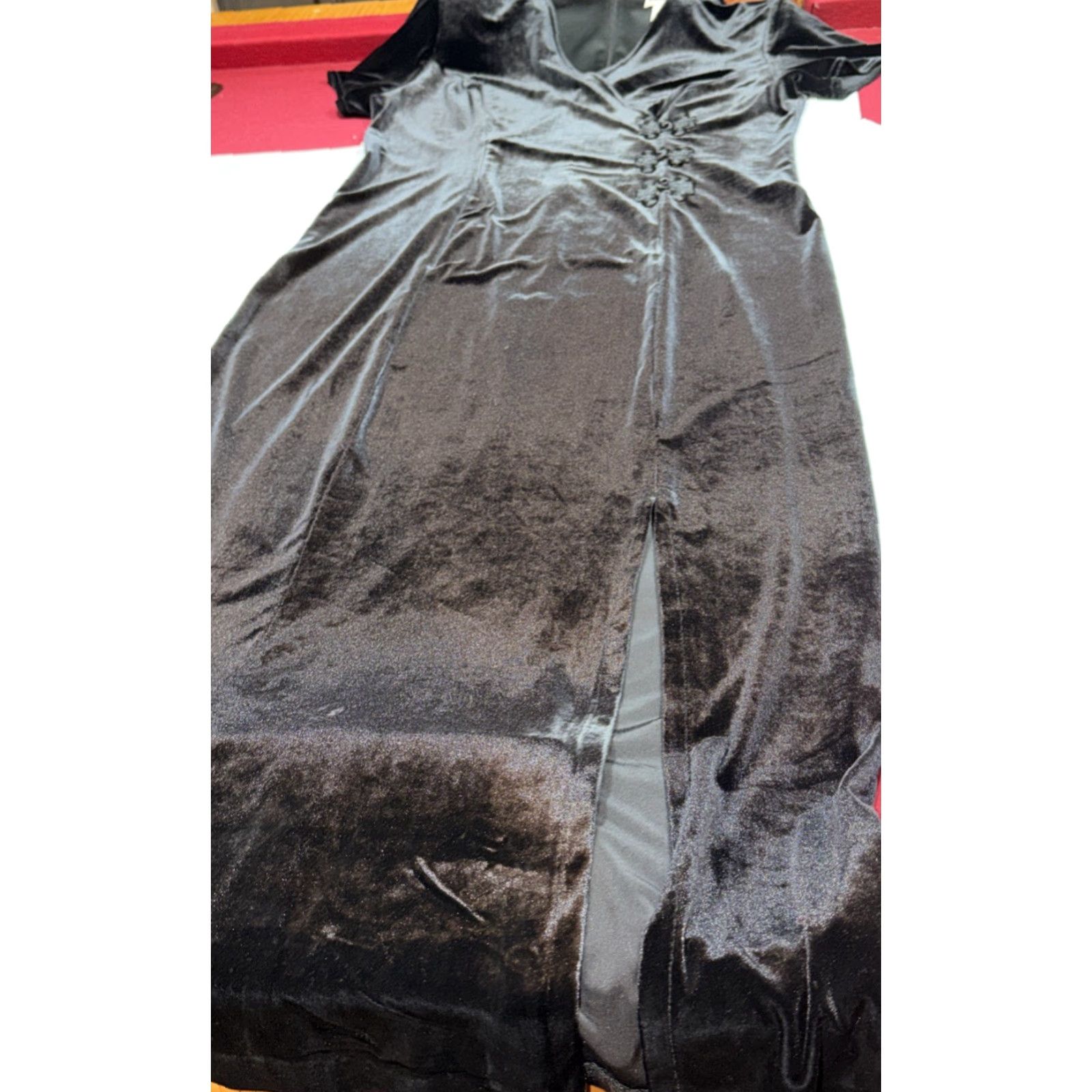 Velvet VINTAGE Black Velvet Gown Short Sleeve V-Neck Wrap Maxi Front Slit Women’s Size 14 Dresses Size 36" / US 14 / IT 50 - 6 Thumbnail