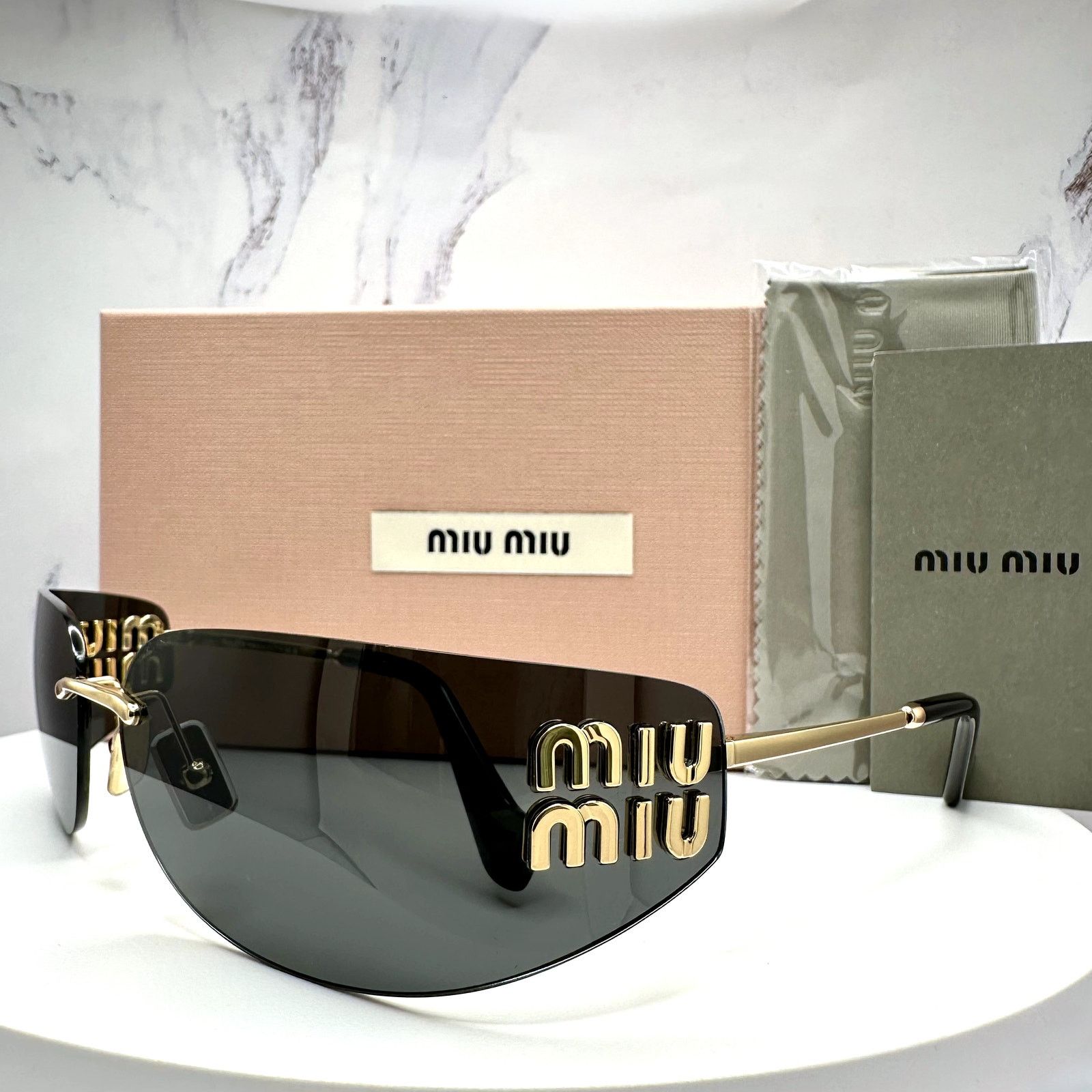 Miu Miu New MIU MIU Sunglasses Gold Dark Gray Lens Runway Wrap Size ONE SIZE - 15 Thumbnail