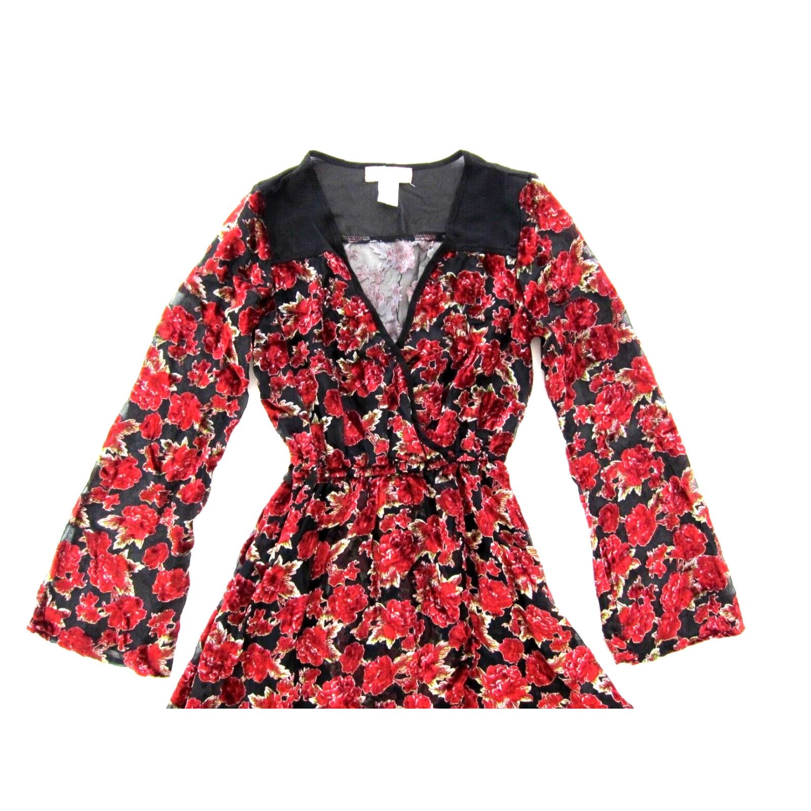Velvet Band Of Gypsies Red Floral Velvet Long Sleeve V-Neck Wrap Dress M Women's dress Size M / US 6-8 / IT 42-44 - 6 Thumbnail