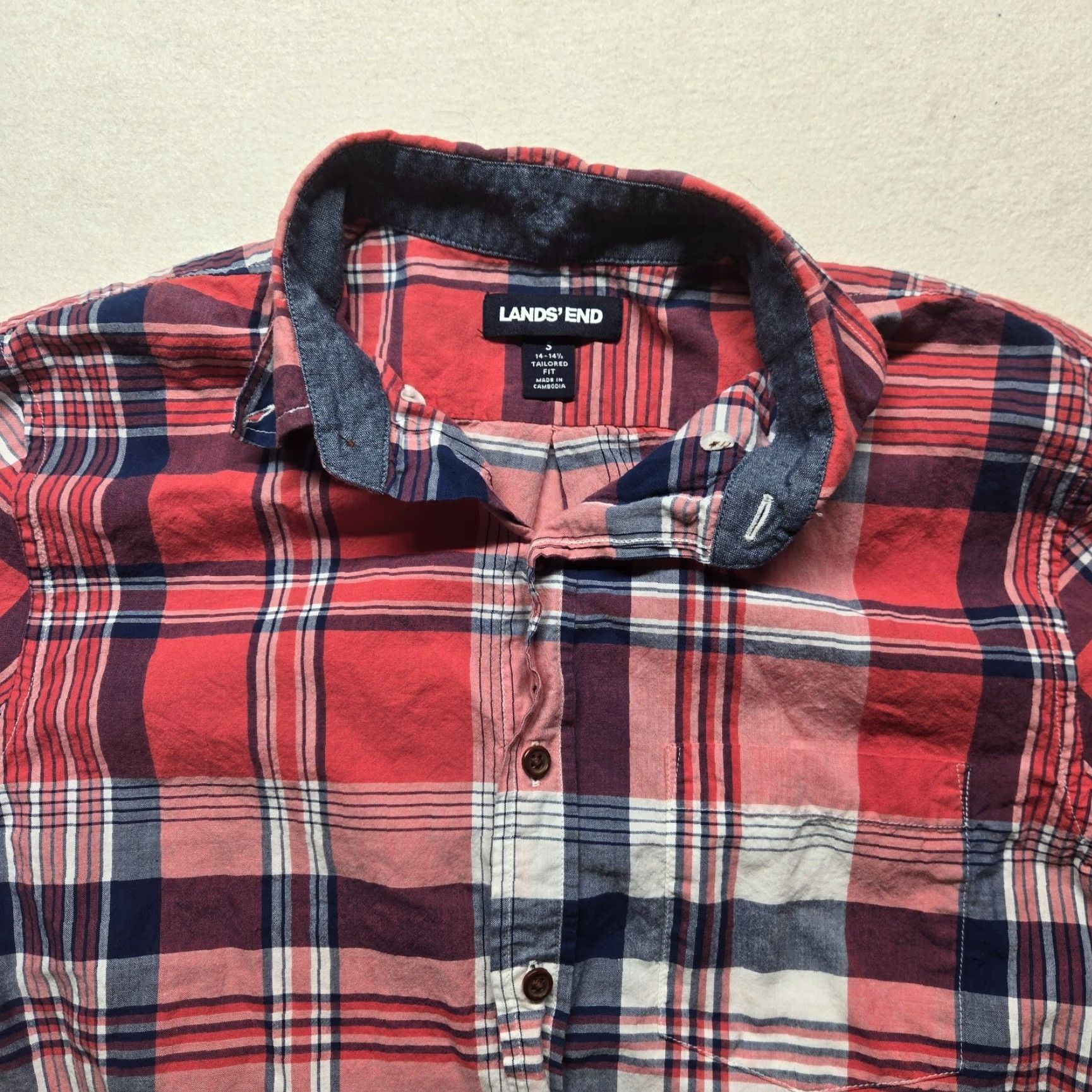 Lands' End Lands' End Shirt Men Button-Up Plaid Short Sleeve Red Cotton Adult S Small 14 14.5 Classic Preppy Button-Down Mens Size US S / EU 44-46 / 1 - 2 Thumbnail