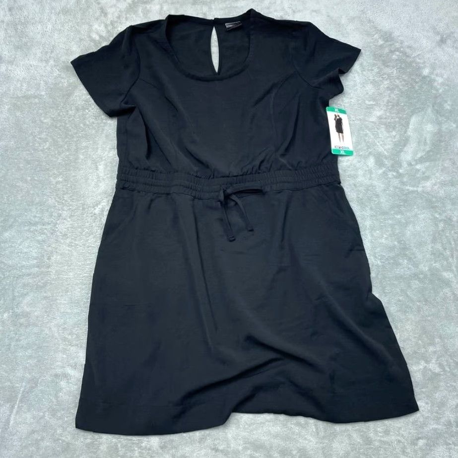 32 Degrees Cool Dress Women XL Black Short Sleeve Drawstring Waist Knee  Length Pockets Casual Summer Spring Fall\"