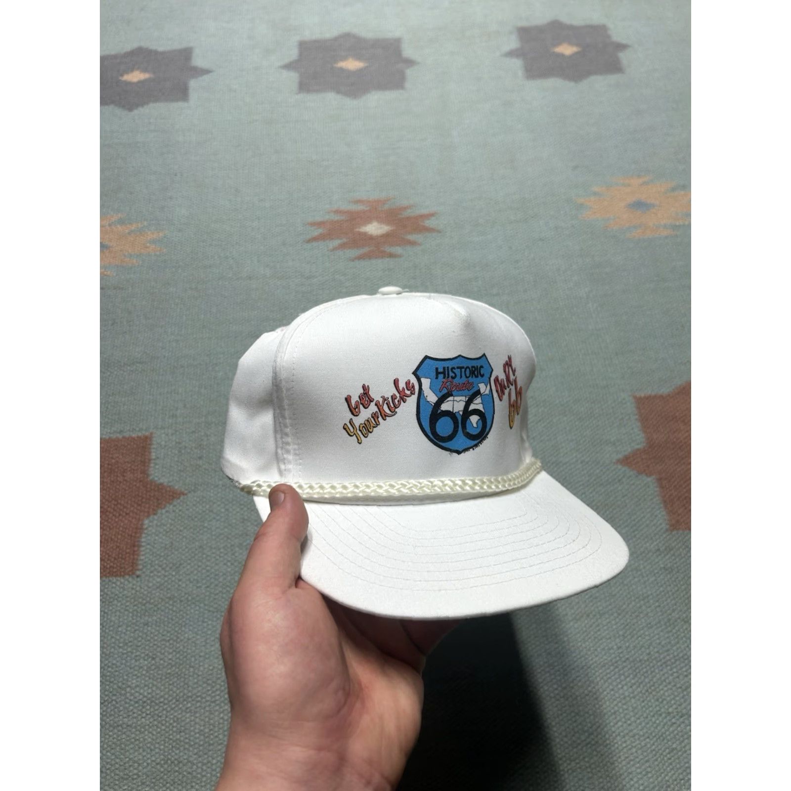 Vintage VINTAGE 90s Strapback Hat Cap White Adjustable Unbranded Men Route 66 Get Your Kicks on Route 66 Mens Size ONE SIZE - 2 Thumbnail