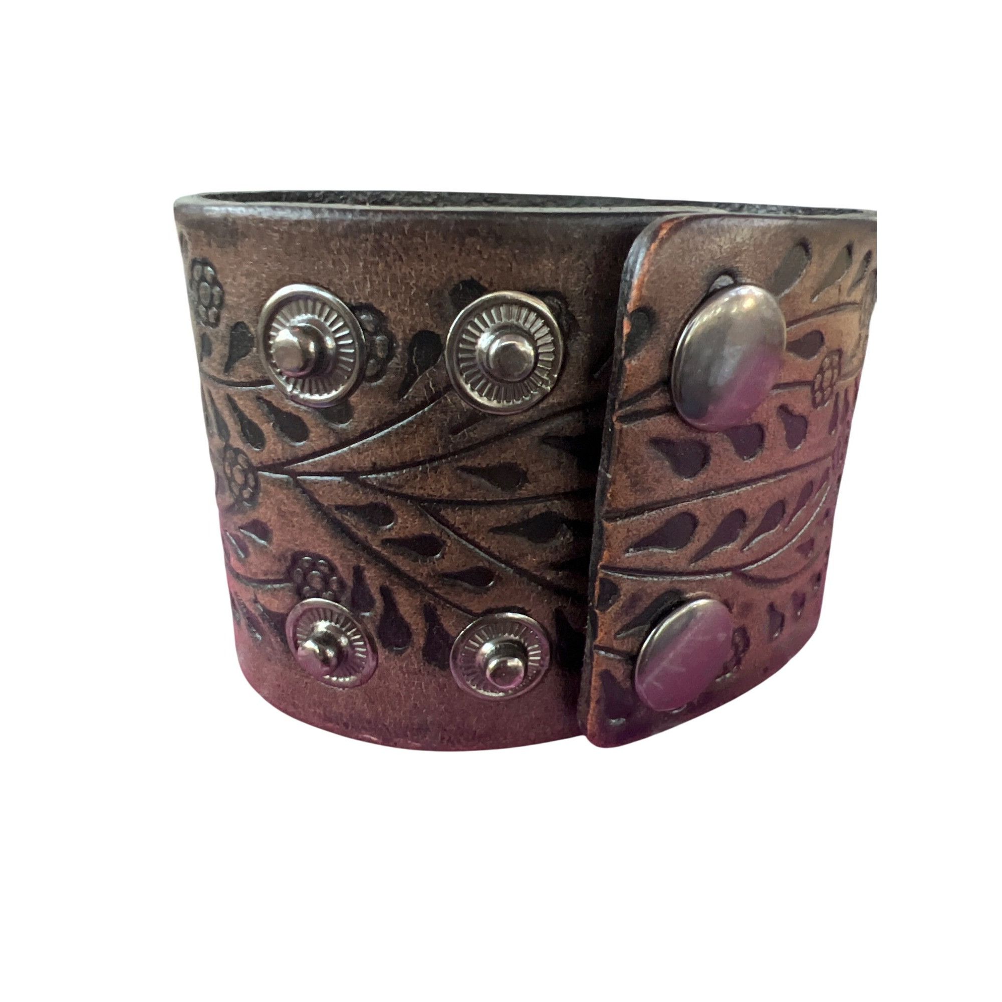Other Faux Leather Tooled Cuff Bracelet Floral Leaves 3 Sizes 7.5" Size ONE SIZE - 3 Thumbnail