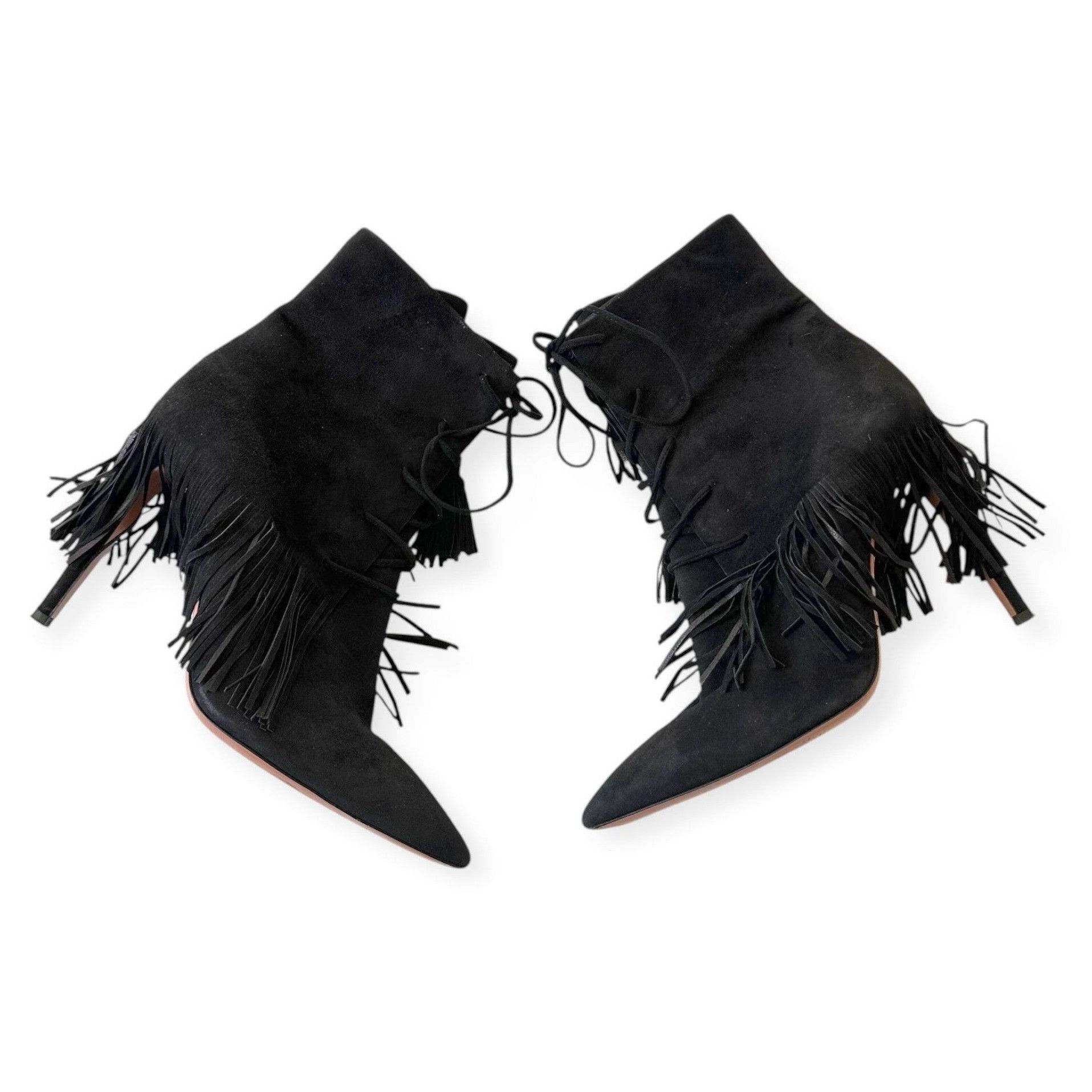 Aquazzura AQUAZZURA Mustang 105 Fringe Heeled Ankle Boots In Black Sue Size US 7 / IT 37 - 2 Thumbnail