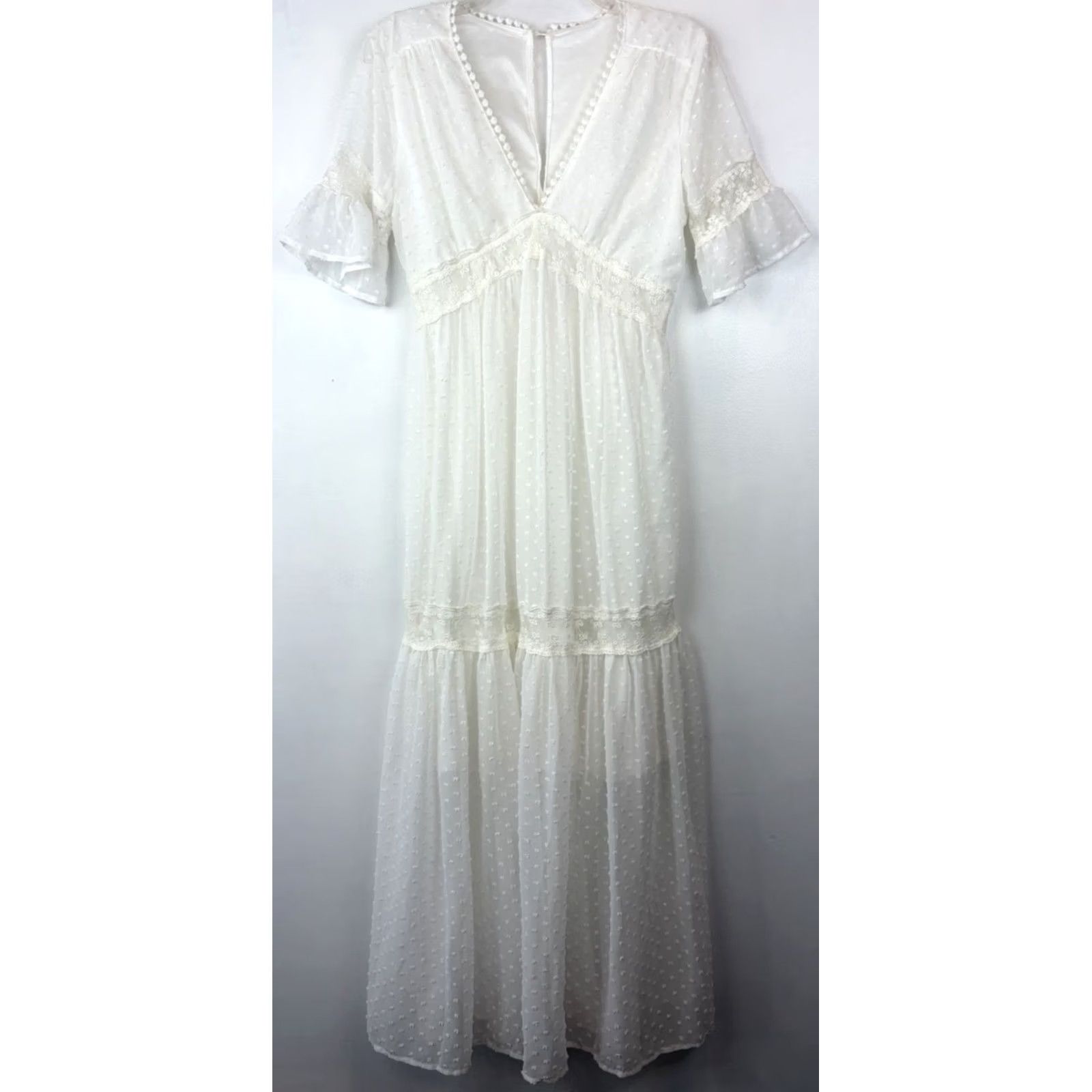 Vintage Tiered Maxi Dress Womens Small White Swiss Dot Off the Shoulder Puff Sleeve Milkmaid Boho Festival Sundress Maxi Dress Women White Size S / US 4 / IT 40 - 2 Thumbnail