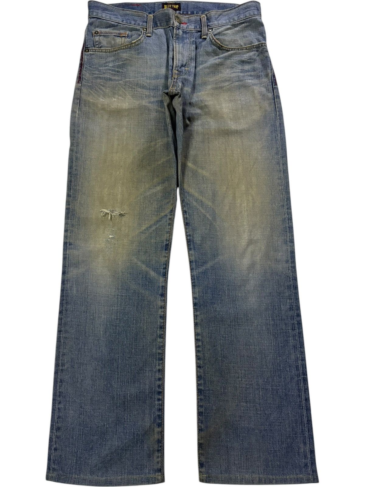 Edwin × Japanese Brand Vintage Japanese Edwin Blue Trip Mud Wash Ripped Baggy Jeans Size US 34 / EU 50 - 1 Thumbnail