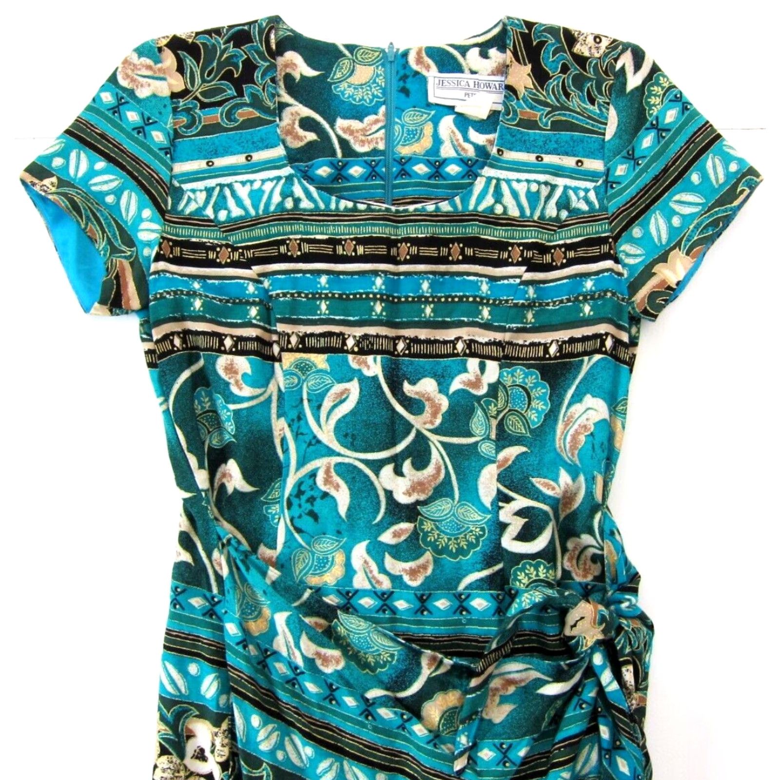 Vintage VINTAGE Jessica Howard Rayon Green Gold Floral Short Sleeve Midi Wrap Dress 6 Size 28" / US 6 / IT 42 - 3 Thumbnail