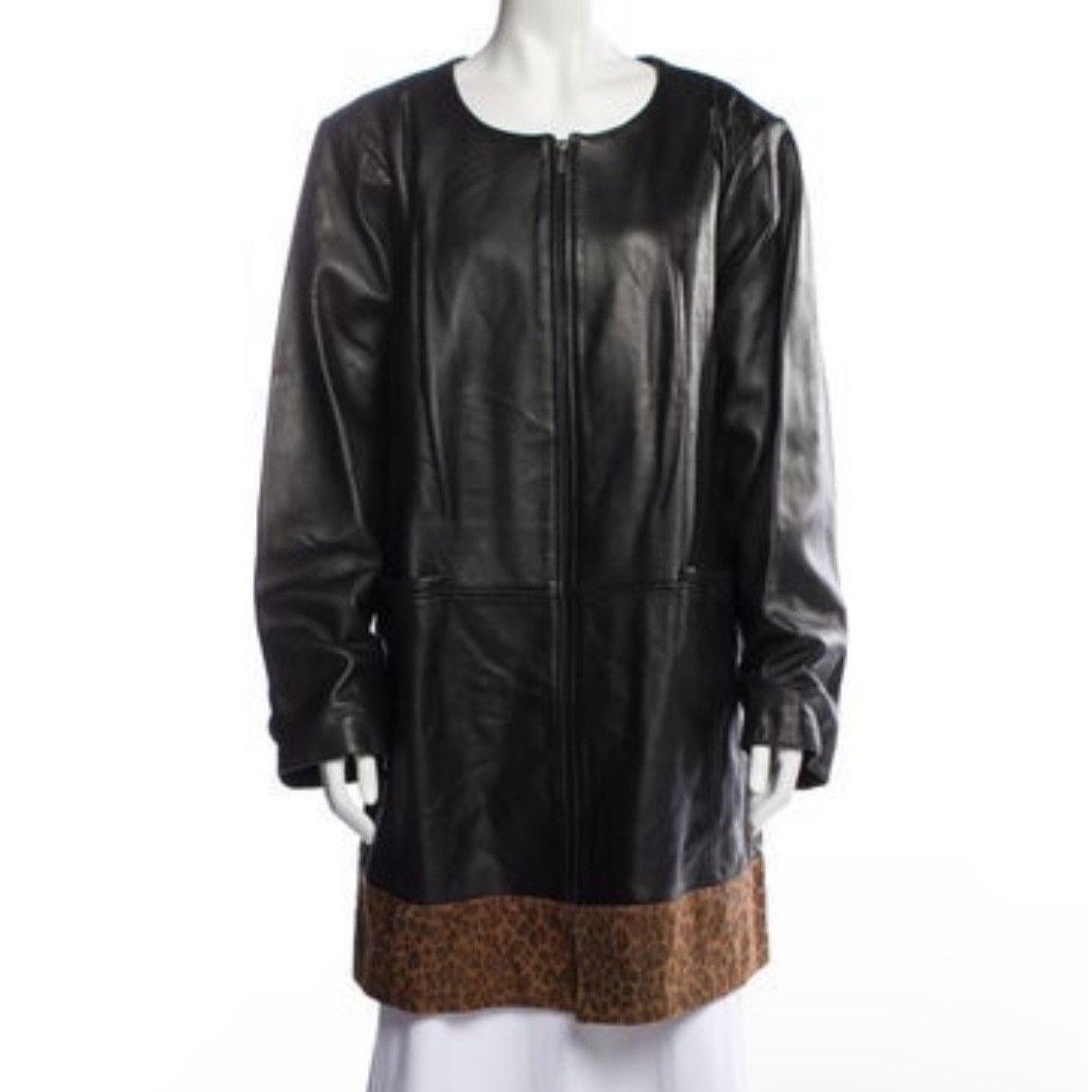 Neiman Marcus Neiman Marcus Black Leather Zip-Up Coat Leopard Print Hem Wo Size XL / US 12-14 / IT 48-50 - 5 Thumbnail