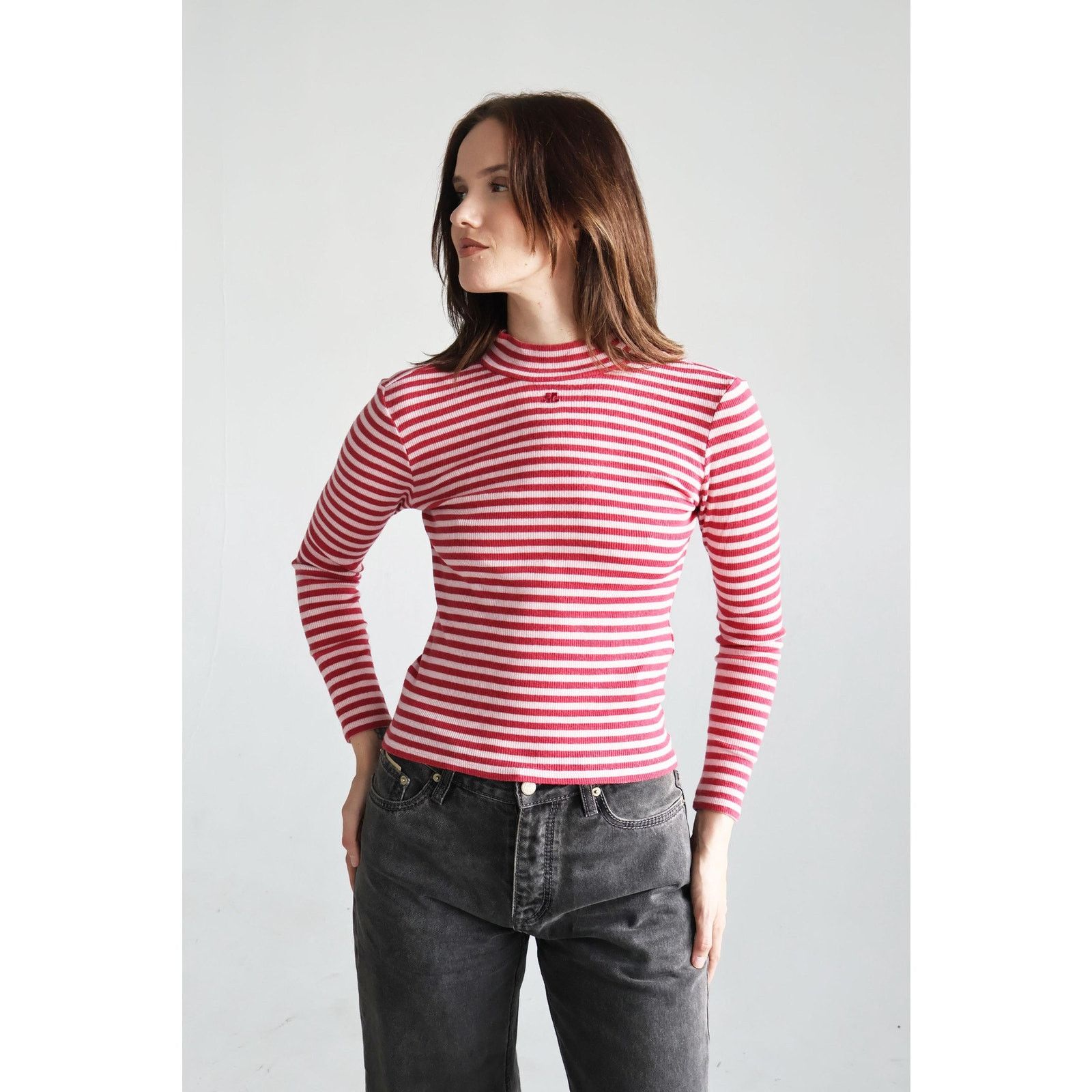 Courreges Vintage Courrèges Pink + Red Ribbed Striped Mock Neck Top Size M / US 6-8 / IT 42-44 - 4 Thumbnail