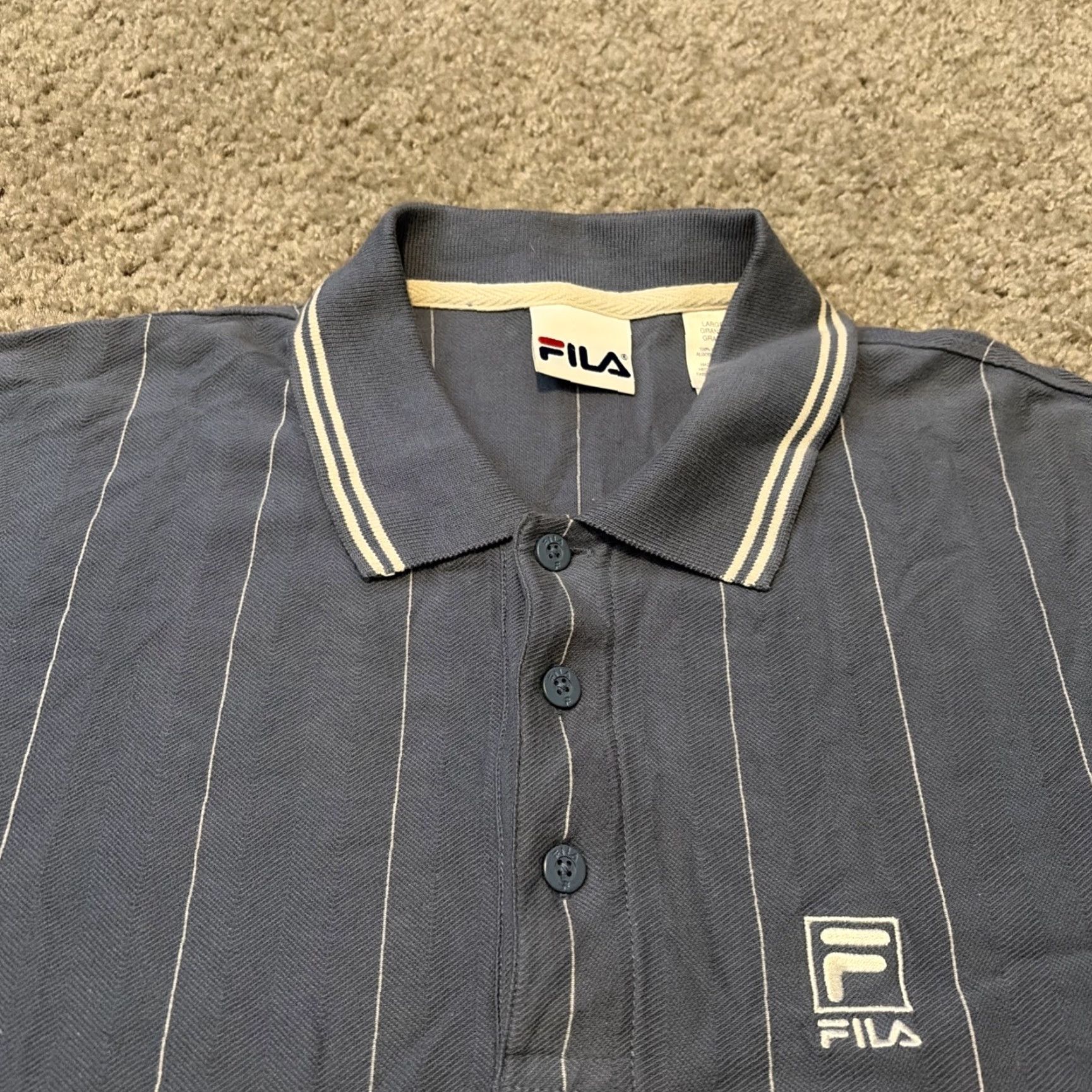 Fila VINTAGE FILA Polo Shirt Striped Golf Collared Large White Blue Mens L Size US L / EU 52-54 / 3 - 3 Thumbnail
