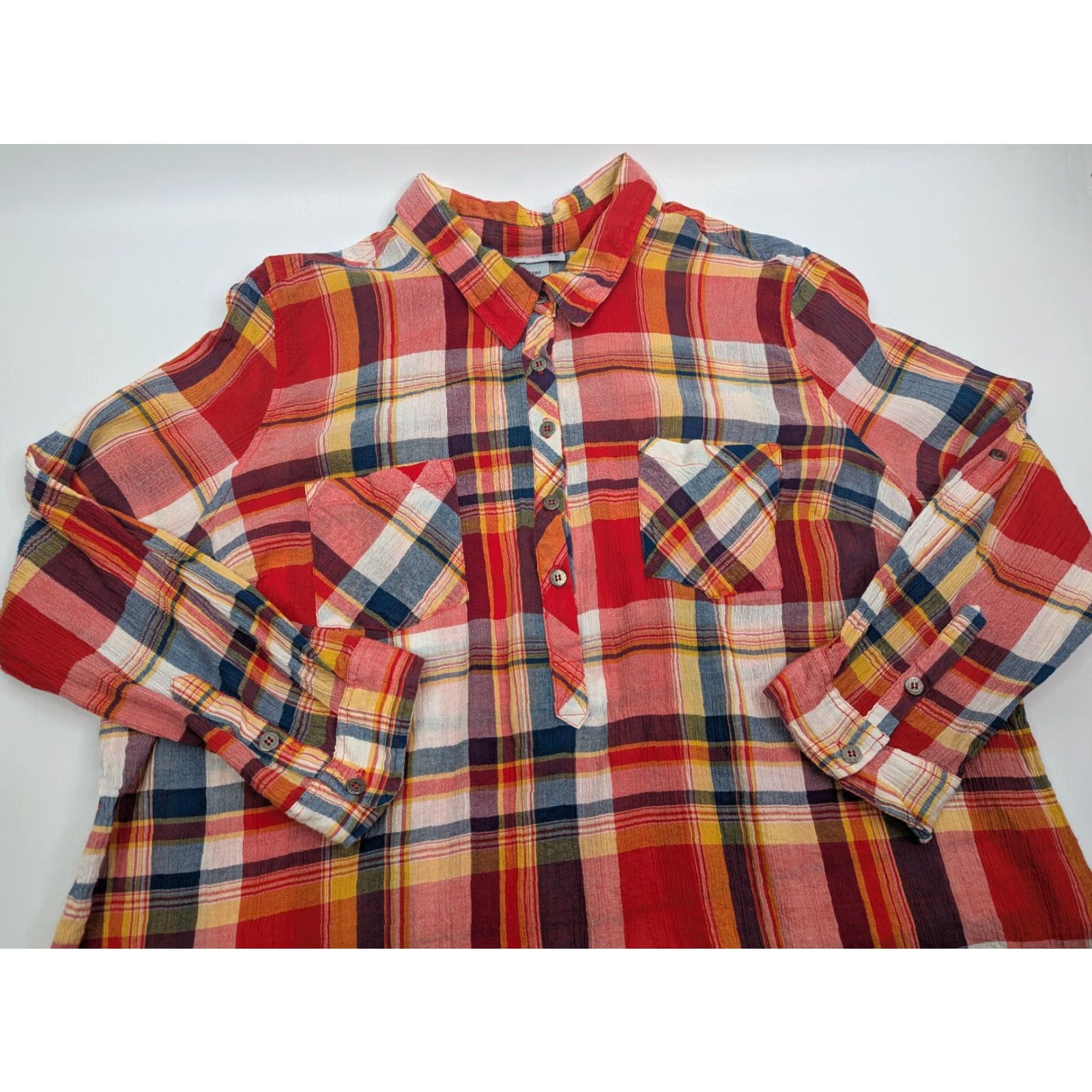 Vintage Catherines Plaid Western Button Shirt Top 2XWP Floral Roll Tab Sleeve Collared Size XXL / US 16-18 / IT 52-54 - 2 Thumbnail