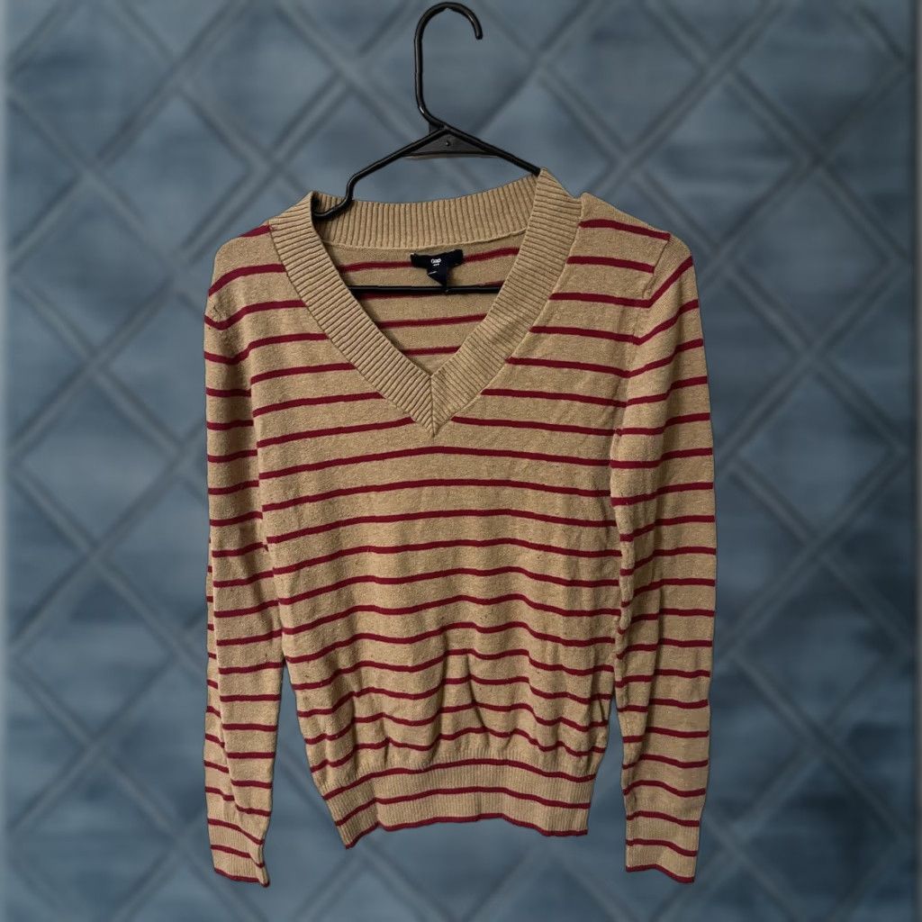 Gap VINTAGE Gap Pullover Sweater Shirt Women S Brown Striped Cotton Blend V-Neck 90s Measurements Included Size S / US 4 / IT 40 - 1 Thumbnail