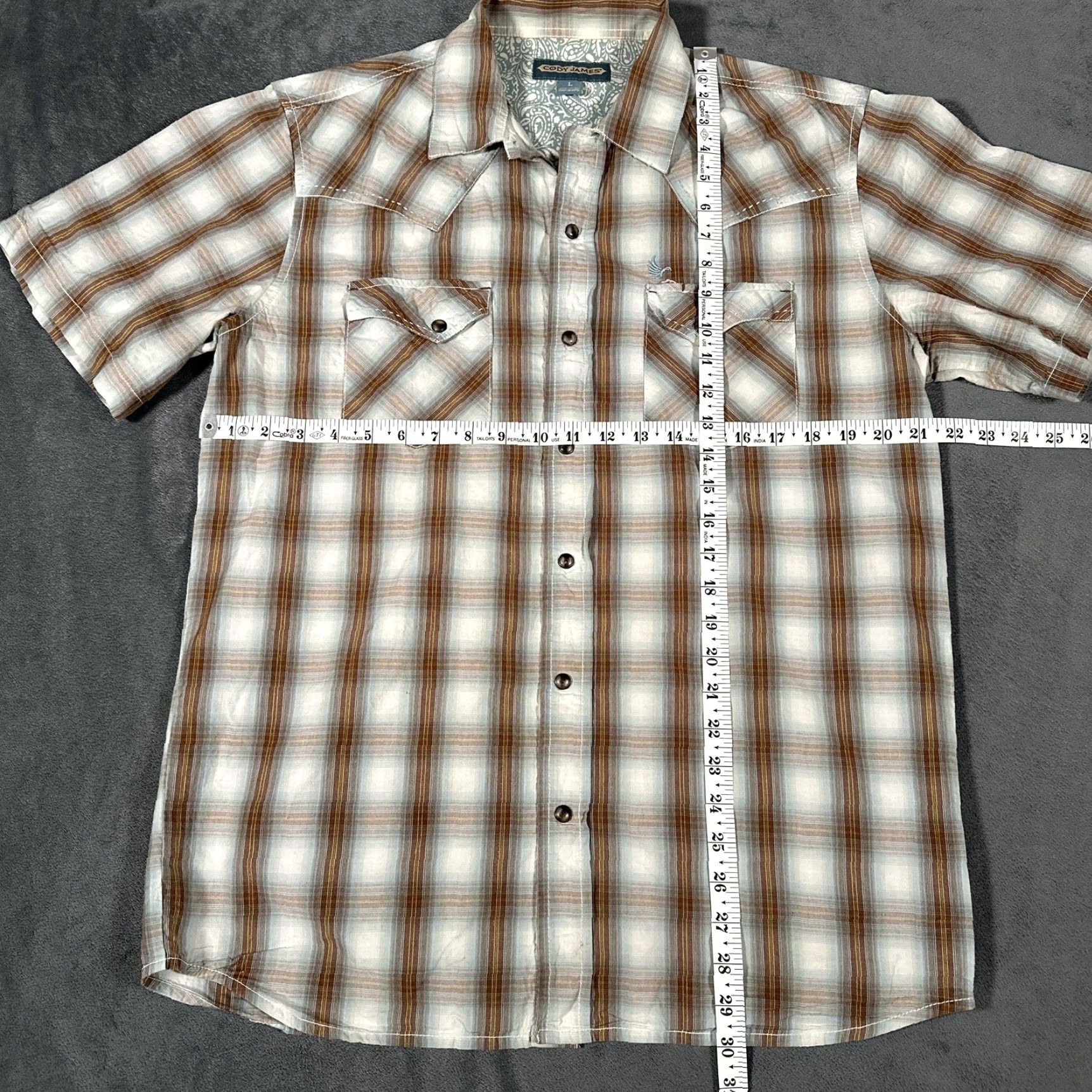 Cody James Cody James Shirt Mens L Brown Plaid Western Short Sleeve Snap Pockets Logo Shirt Size US L / EU 52-54 / 3 - 5 Thumbnail