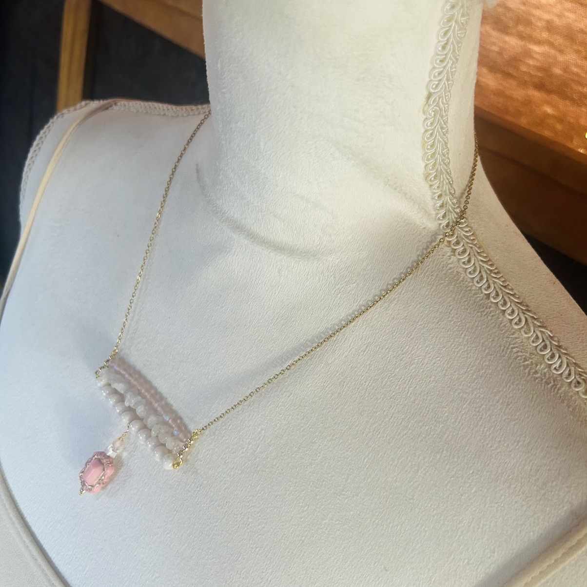 Handmade Handcrafted triple row bar stone rose quartz necklace Size ONE SIZE - 4 Thumbnail