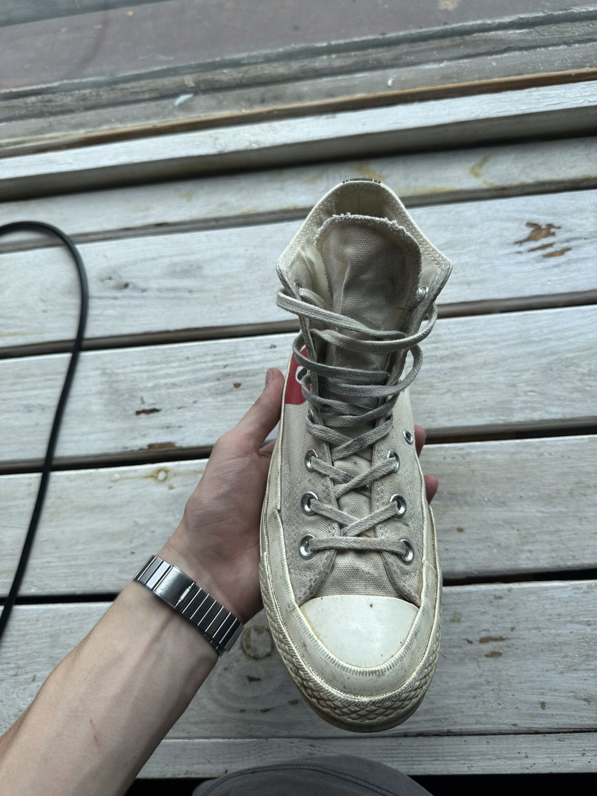 Comme des Garcons PLAY × Converse 🚨RARE BEIGE CDG CONVERSE RED HEART VINTAGE DISTRESS TRUE Size US 7.5 / IT 37.5 - 3 Thumbnail