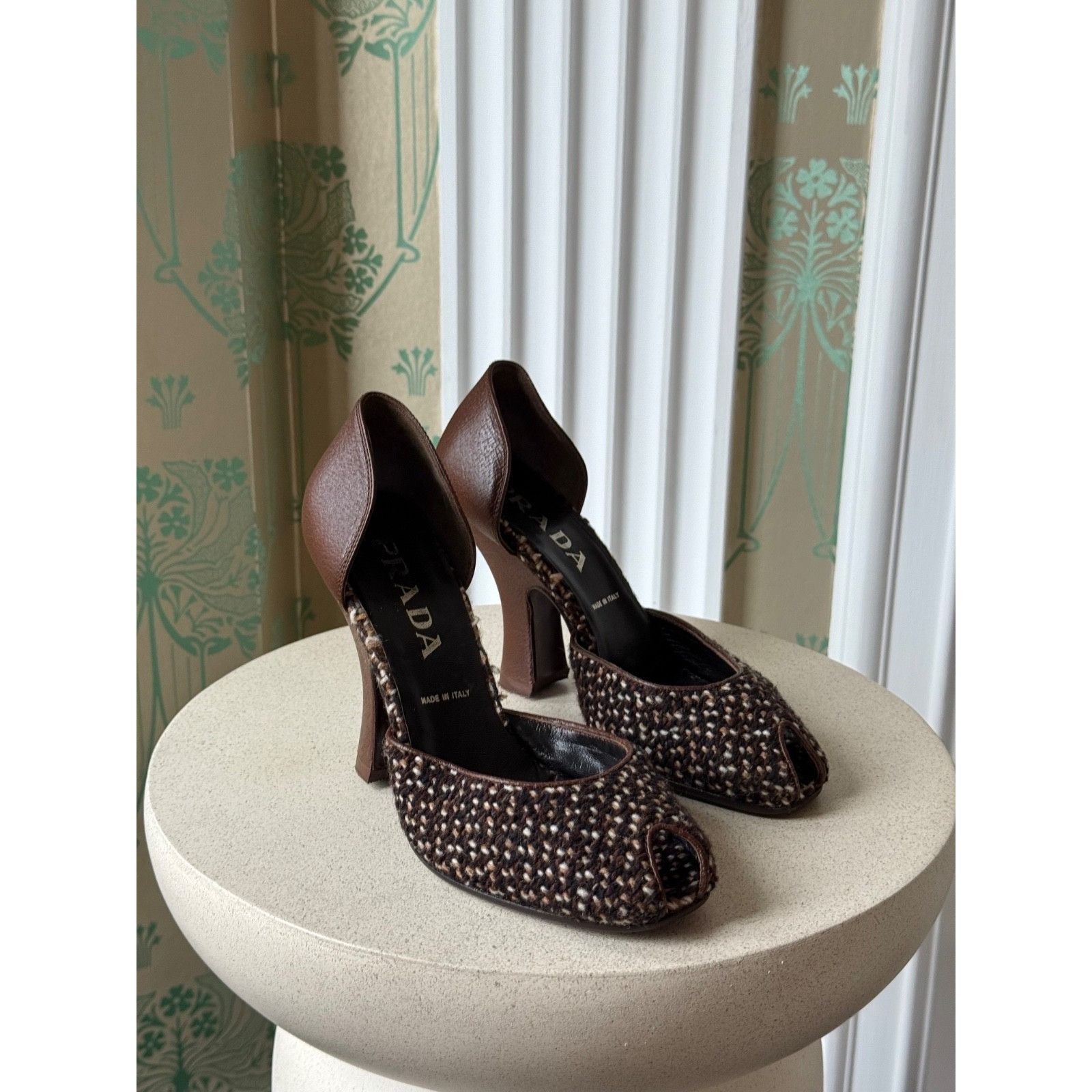Prada Prada Wool Leather Brown Peep Toe D’Orsay Heels Pumps 37 Size US 7 / IT 37 - 2 Thumbnail