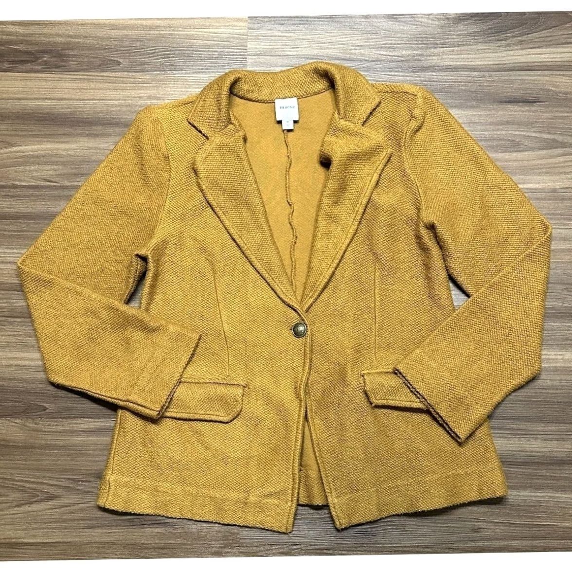 Vintage Maeve Knit Jacket Blazer Button Long Sleeve Mustard Yellow Womens M Casual Boho Solid Quilted Open Pockets Oversized Cotton Knit Size M / US 6-8 / IT 42-44 - 3 Thumbnail