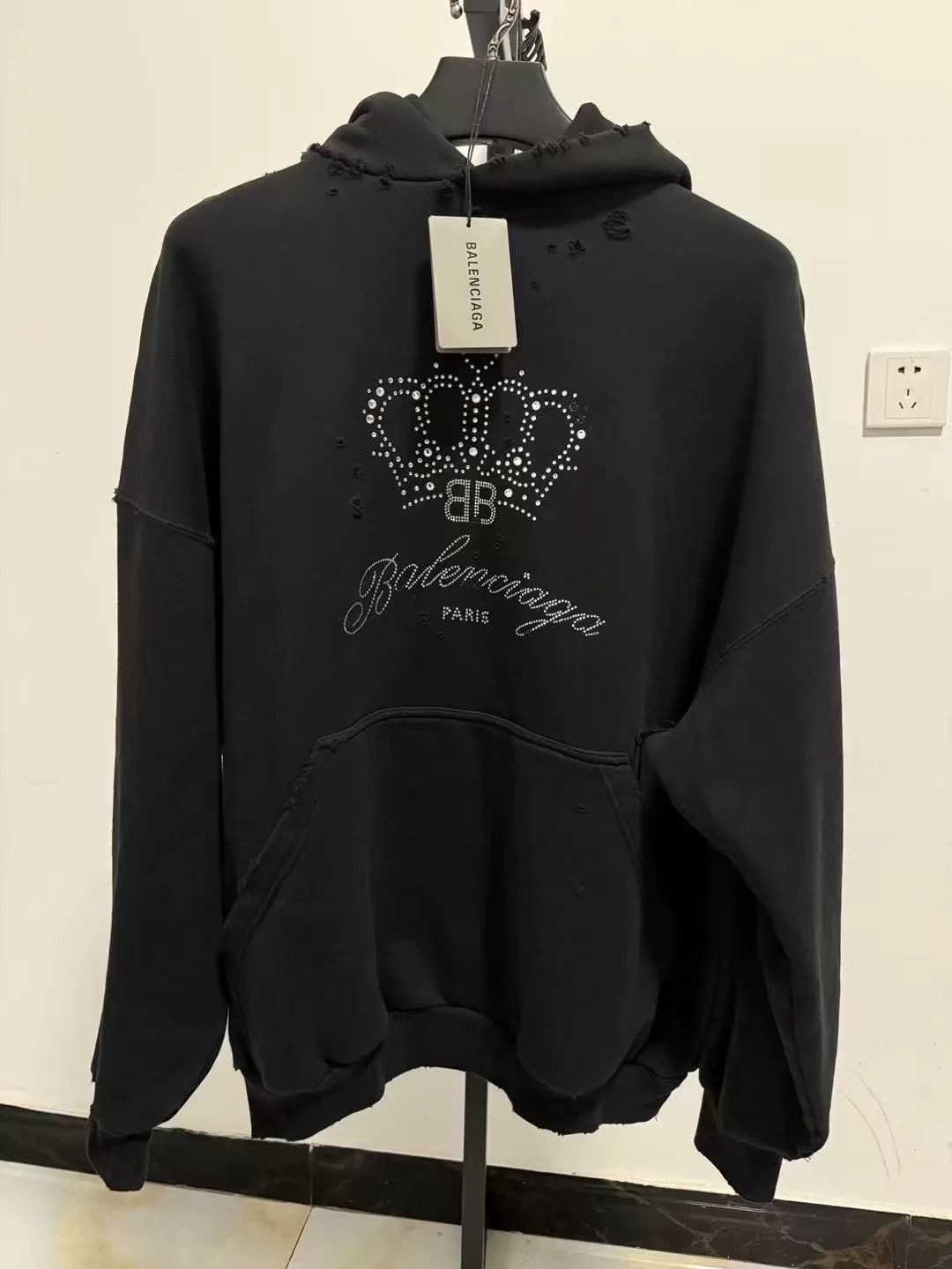 Balenciaga Distressed Rhinestone Crown Sweatshirt