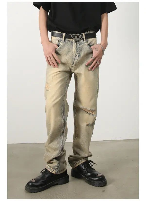 Japanese Brand Men's washed distressed loose straight-leg ripped jeans Size US 32 / EU 48 - 3 Thumbnail