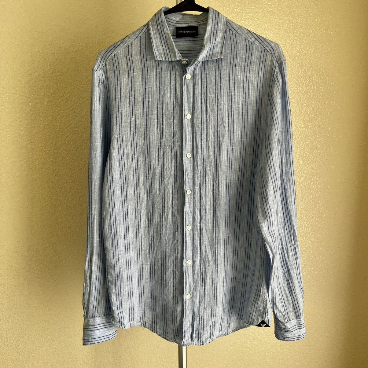 Emporio Armani EMPORIO ARMANI 100% Linen Striped Shirt Blue Size S Size US S / EU 44-46 / 1 - 2 Thumbnail