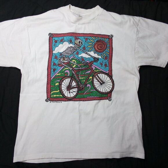 Vintage Vintage Bicycle Skeleton Psychedelic Art Tesoros T-Shirt Size US L / EU 52-54 / 3 - 2 Thumbnail