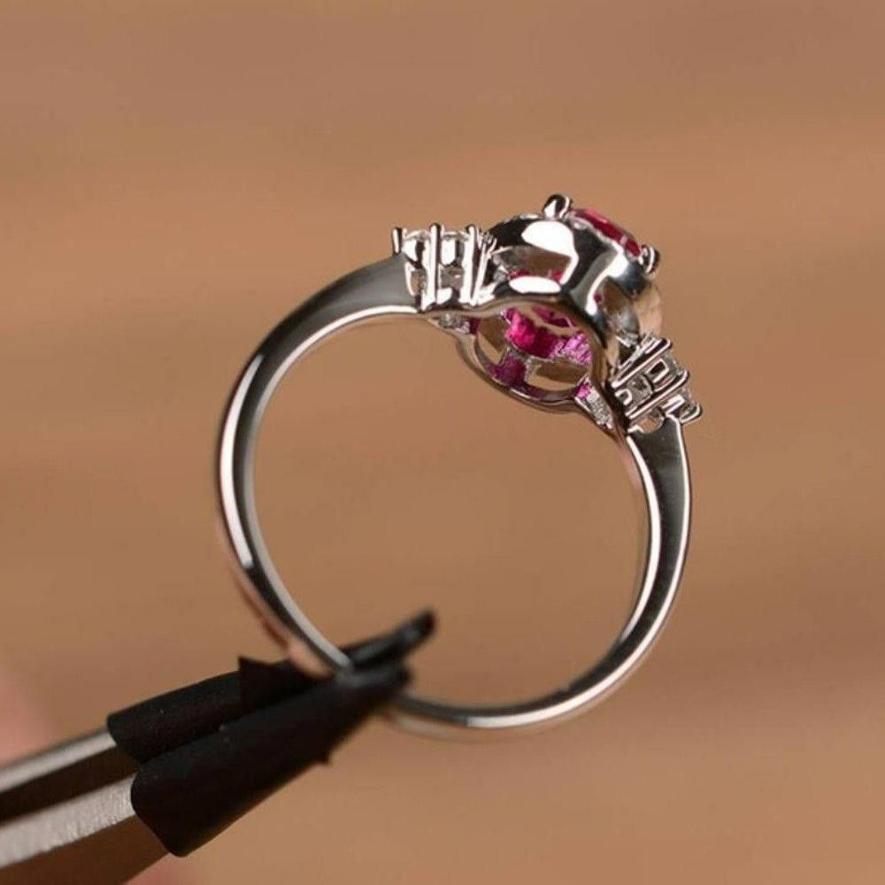 Designer 925 Sterling Silver Oval Ruby Red Halo Ring - Size 6 Size ONE SIZE - 3 Thumbnail