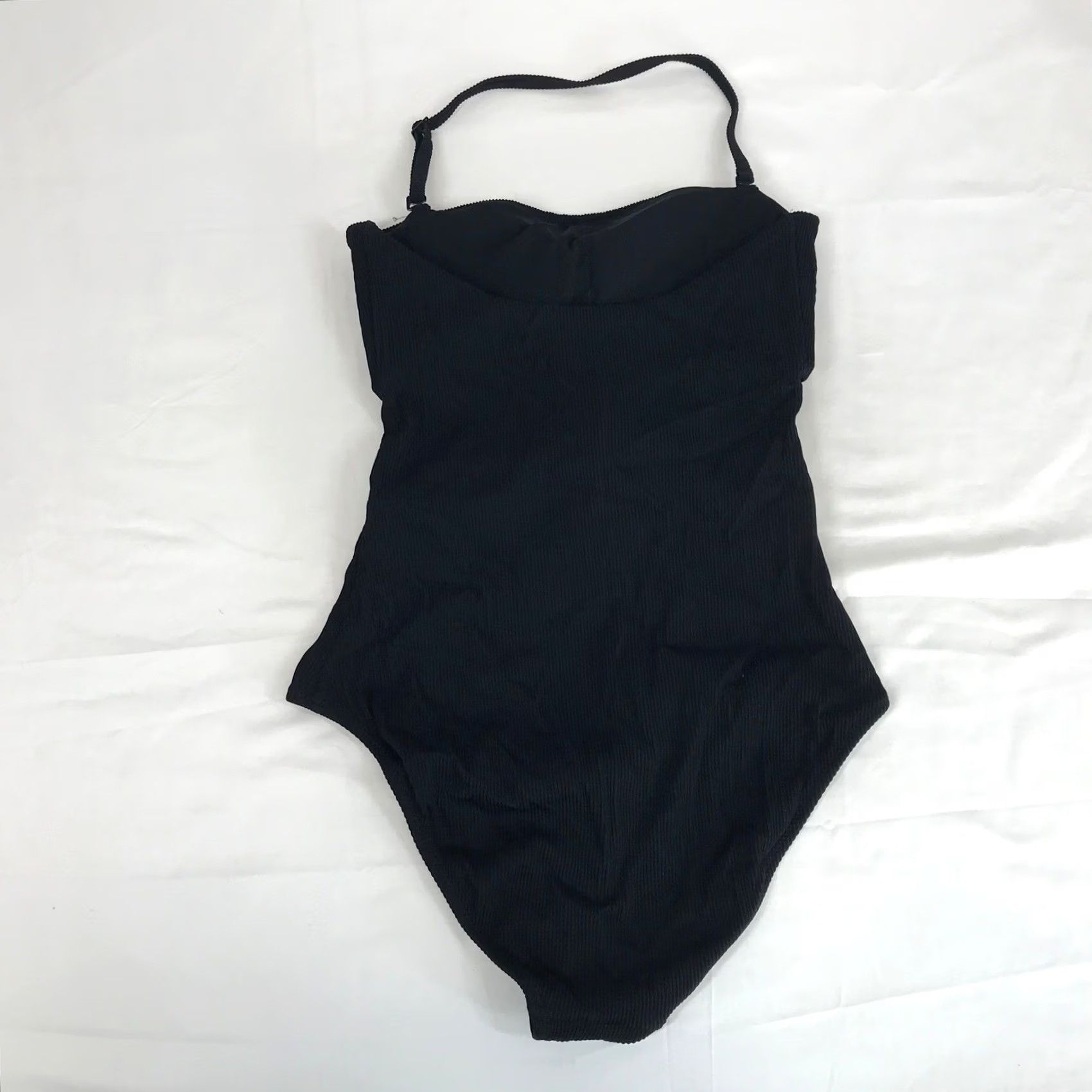 Vintage Aerie Black Ribbed One Piece Swimsuit Cutout Tie Front Full Coverage S Size ONE SIZE - 4 Thumbnail