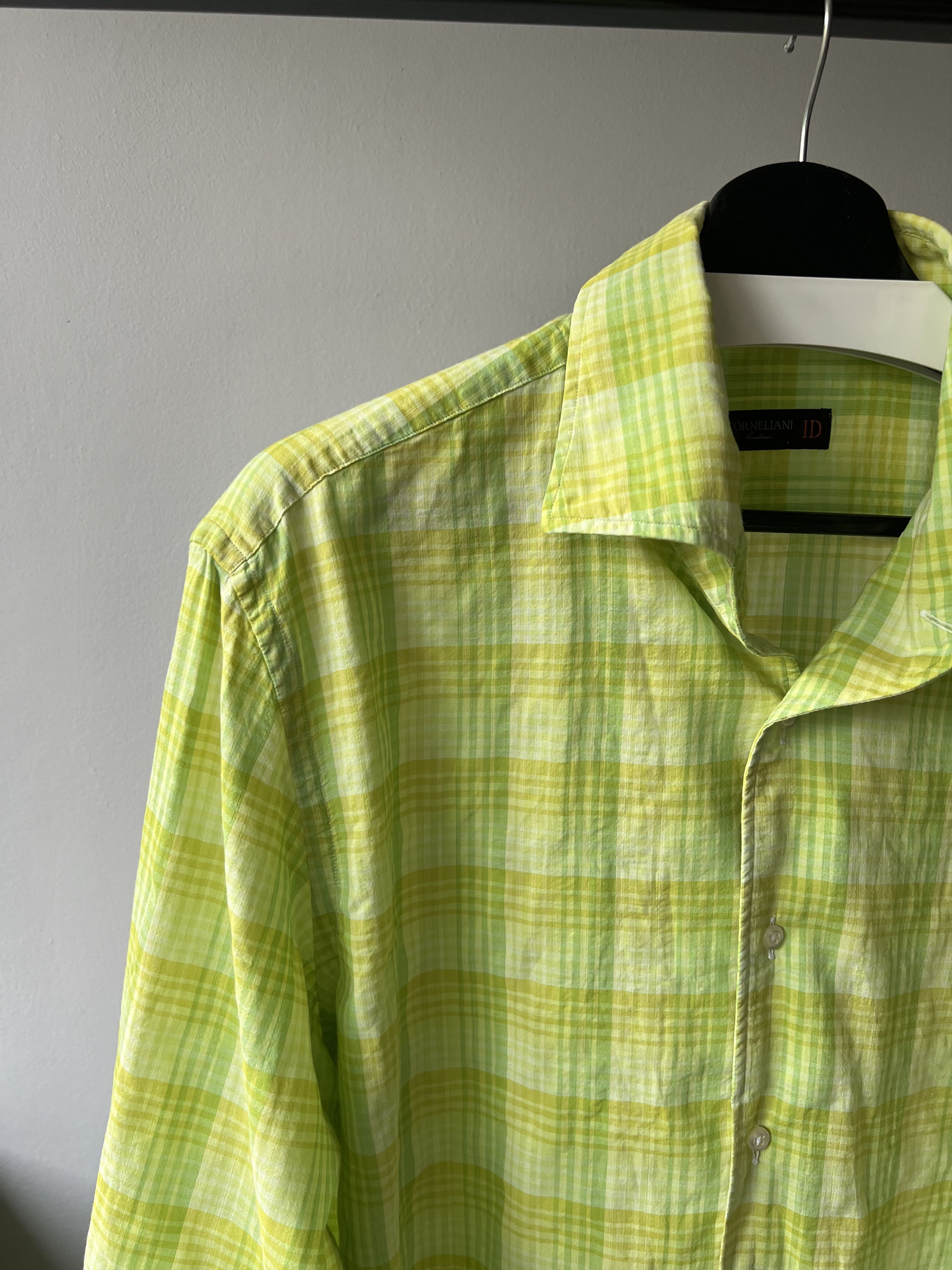 Corneliani Corneliani ID Men's Lime Green Long Sleeve Checkered Shirt Size US L / EU 52-54 / 3 - 5 Thumbnail