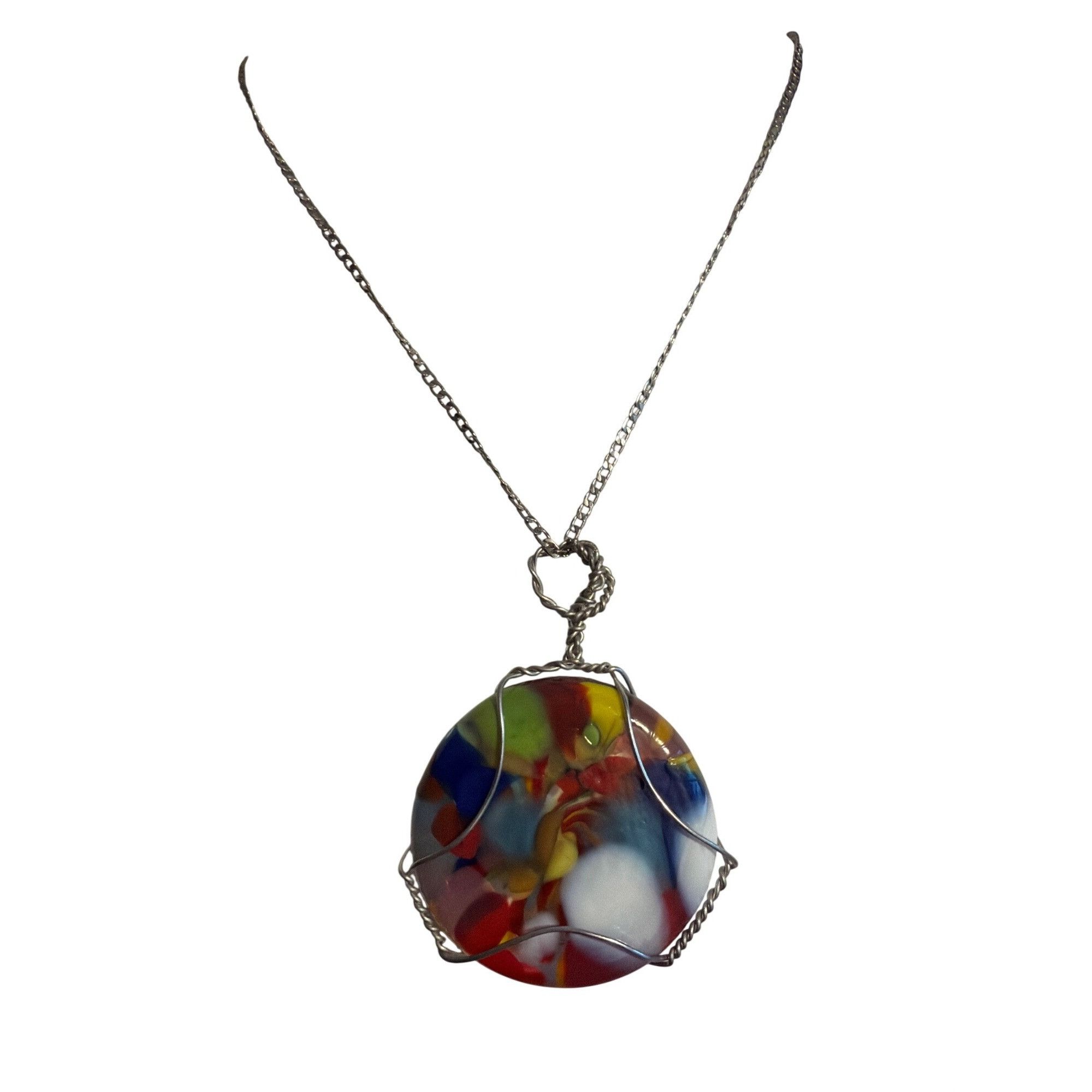 Other Wire Wrapped Colorful Fused Glass Pendant Necklace Silver To Size ONE SIZE - 1 Thumbnail