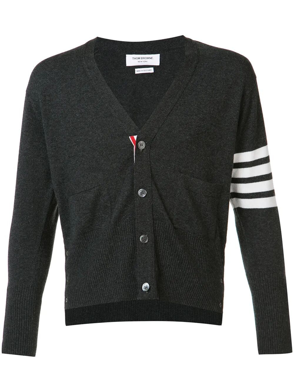 CLASSIC SHORT V NECK CARDIGAN WITH WHITE 4 BAR STRIPE IN CASHMERE