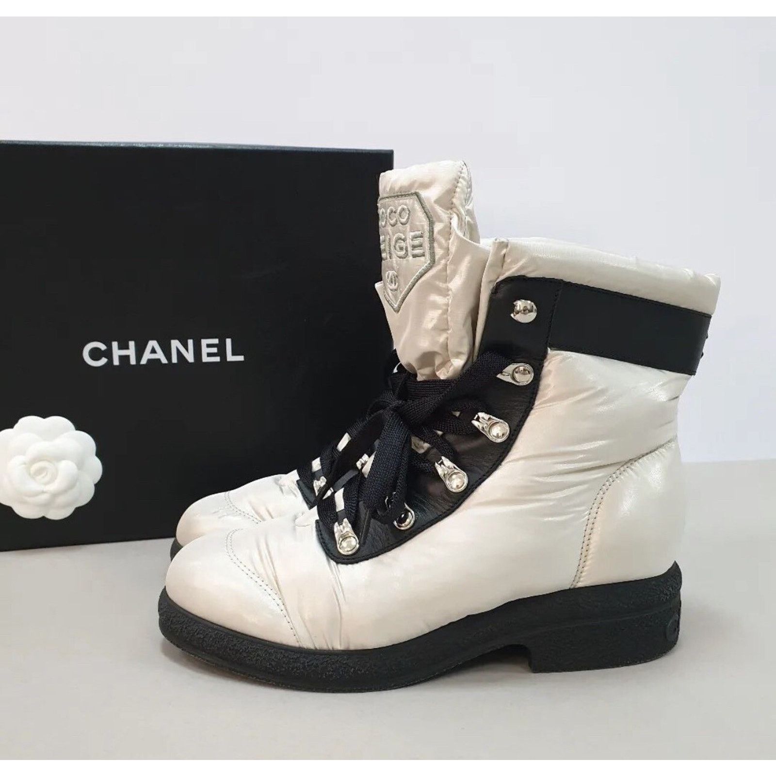 CHANEL 18B Nylon Lace Up Coco Neige Winter Boots Sz.36.5